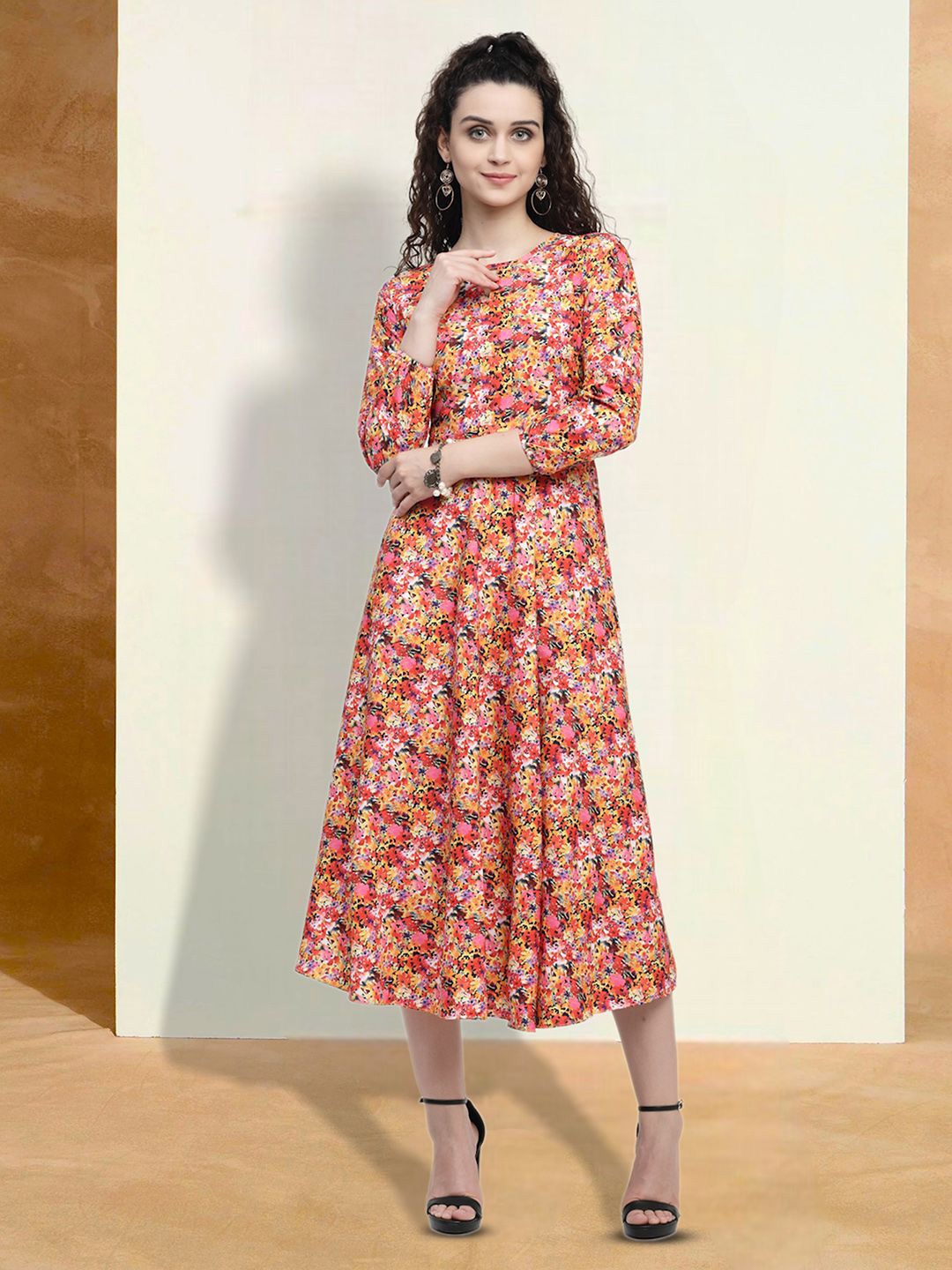 

BAESD Cotton Floral Printed Round Neck Fit & Flare Dress, Multi