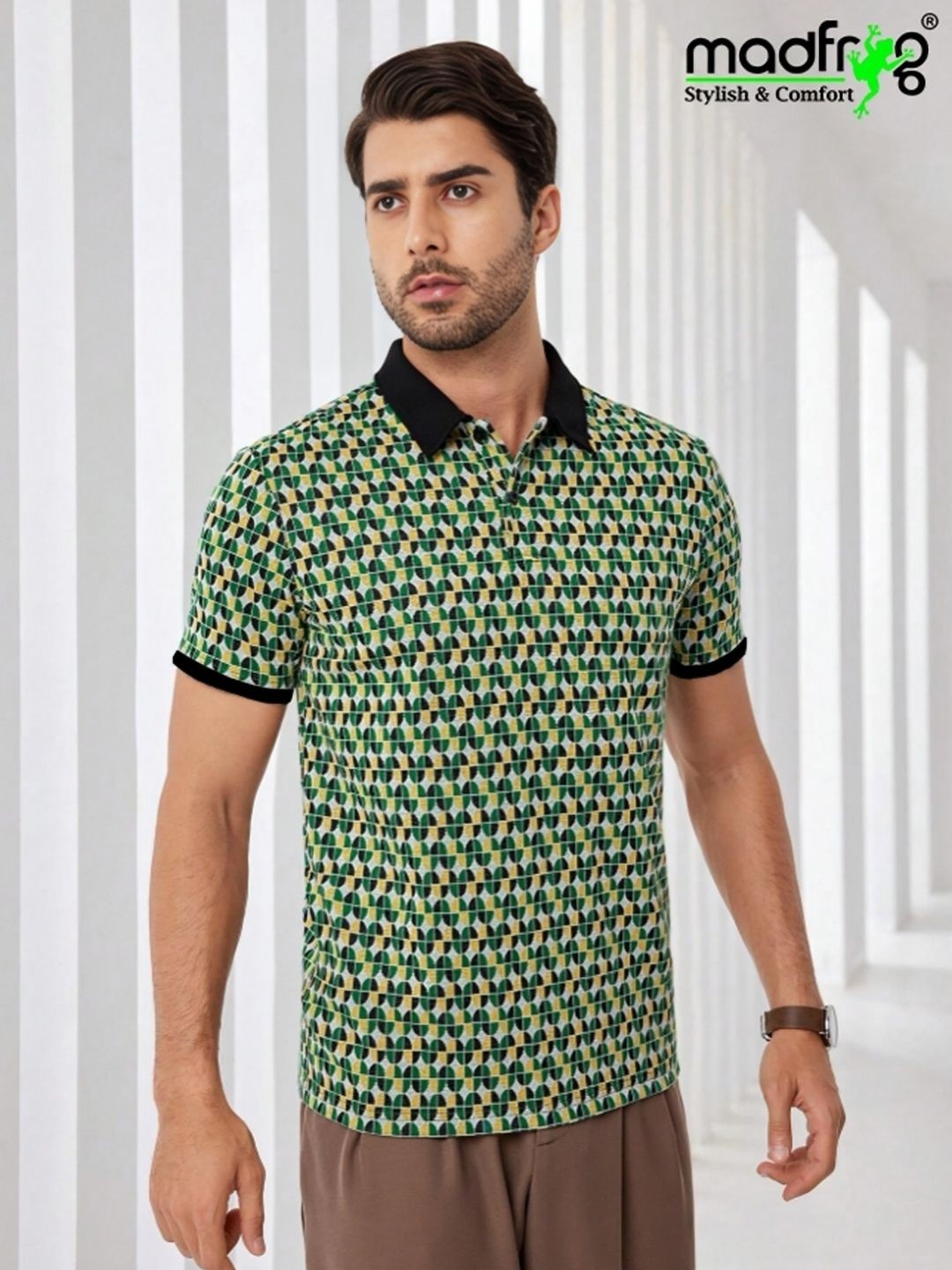 

madfrog Men Abstract Printed Polo Collar T-shirt, Green