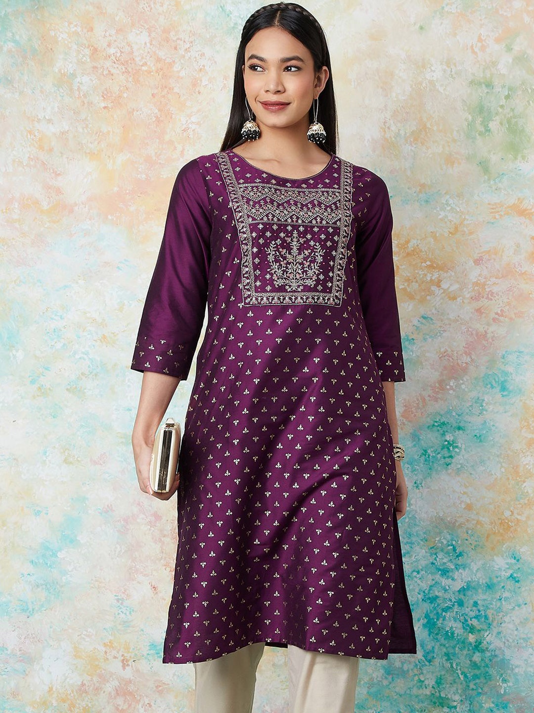 

Melange by Lifestyle Floral Embroidered Round Neck Straight Kurta, Purple