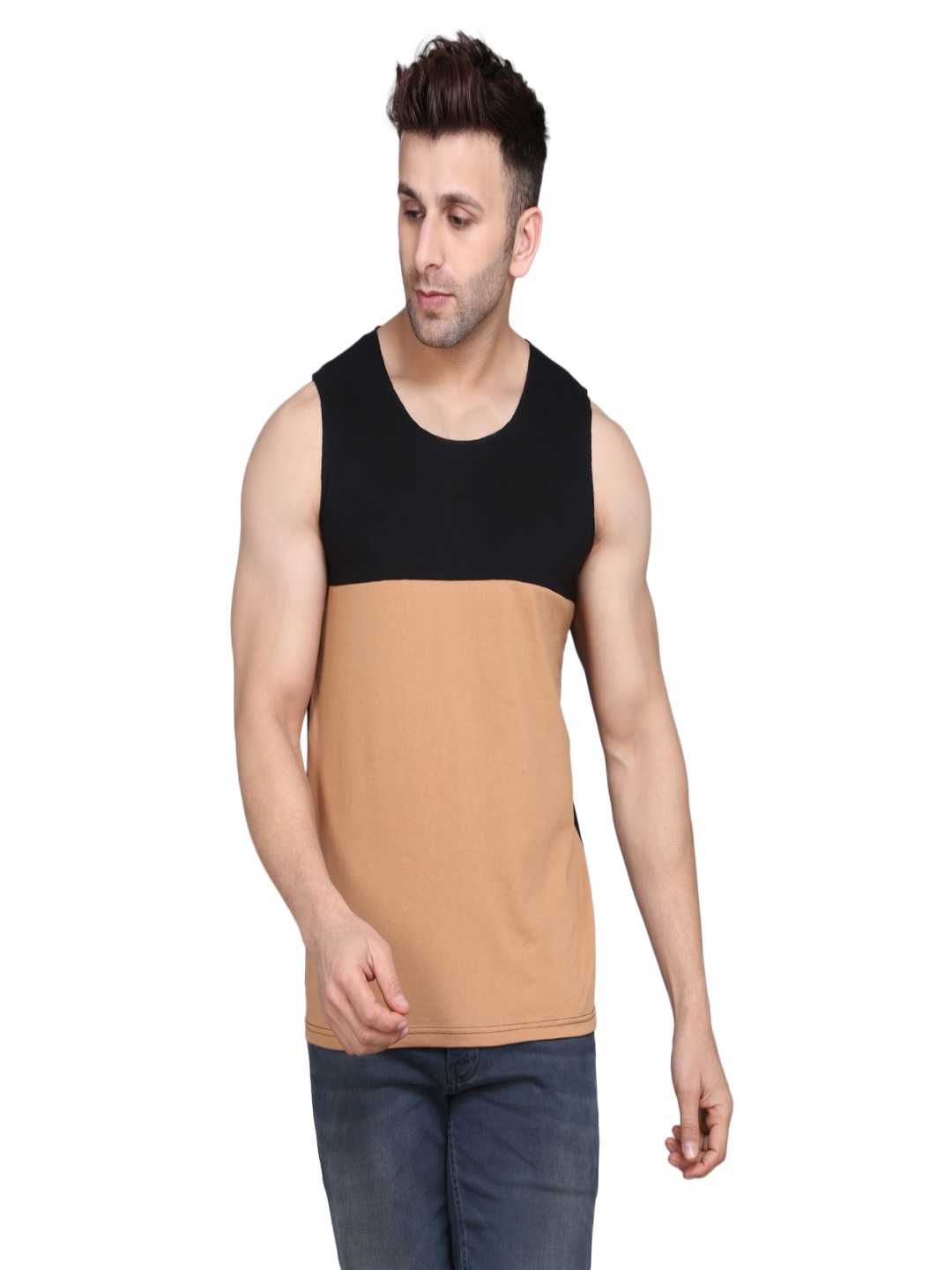 

WOOSTRO Men Pack Of 2 Sleeveless Slim Fit Cotton T-shirt, Peach