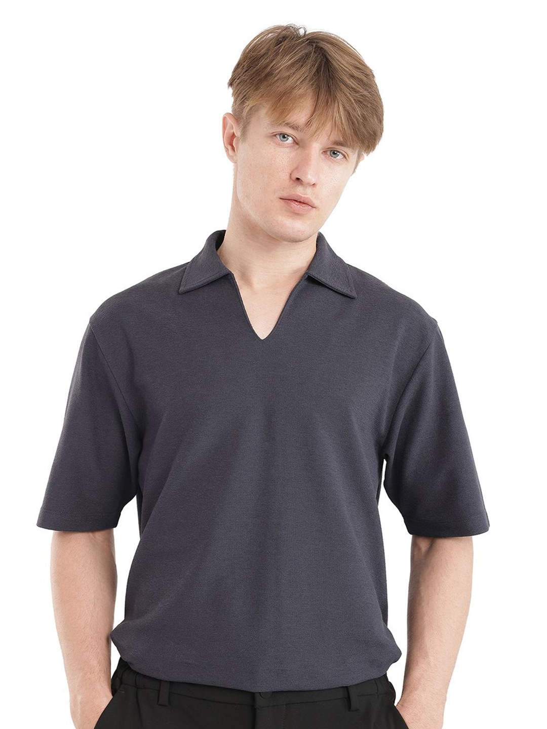 

RARE RABBIT Men Solid Polo Collar Cotton Oversized T-shirt, Navy blue