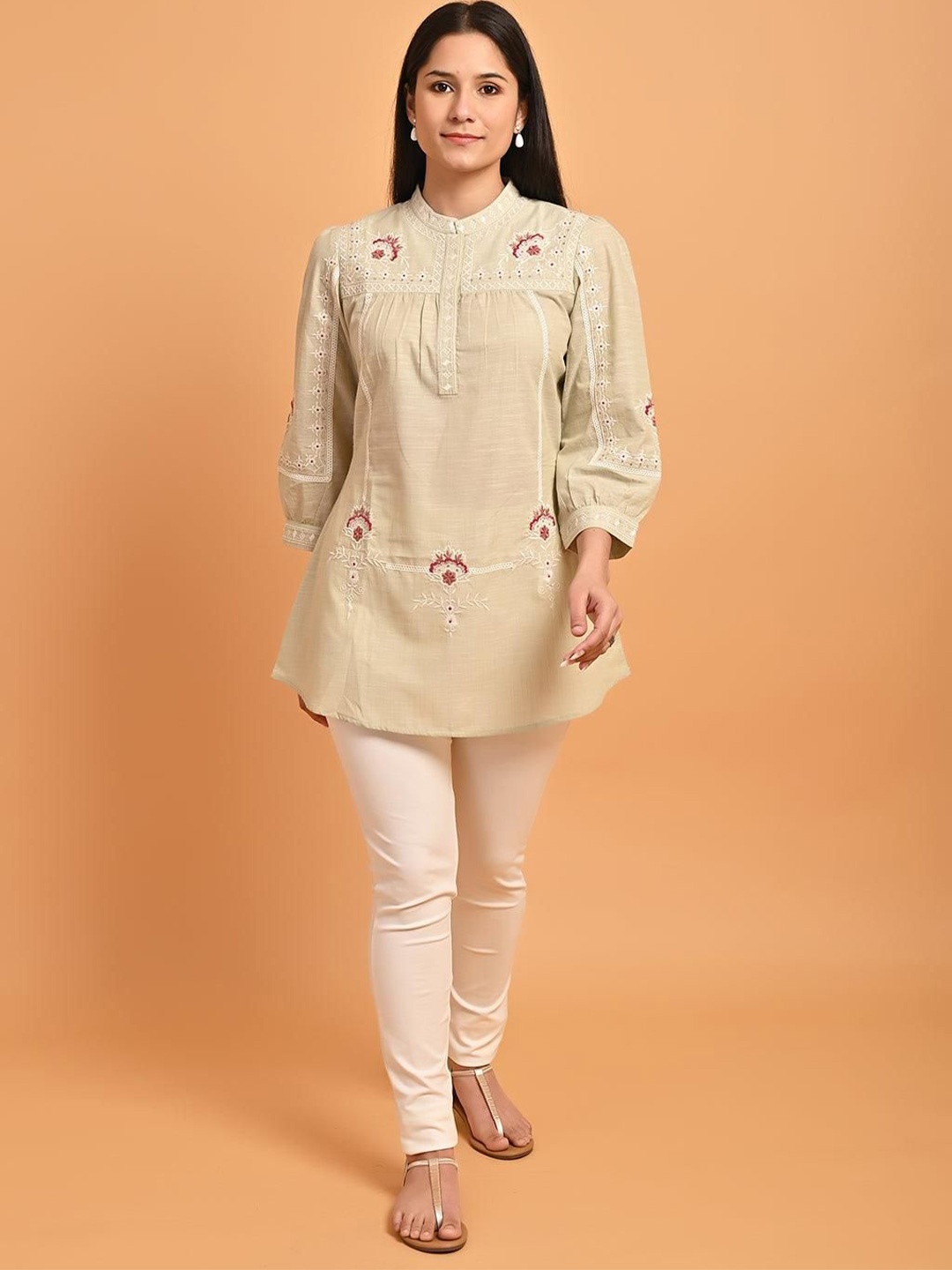 

Lakshita Mandarin Collar Cotton Embroidered Tunic, Beige