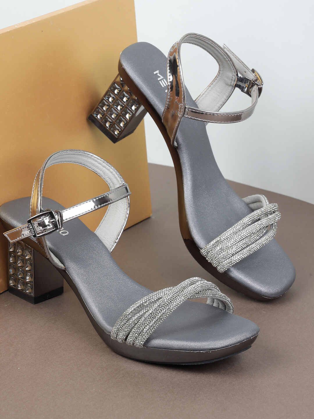 

Metro Open Toe Embellished Block Heel Sandals, Grey