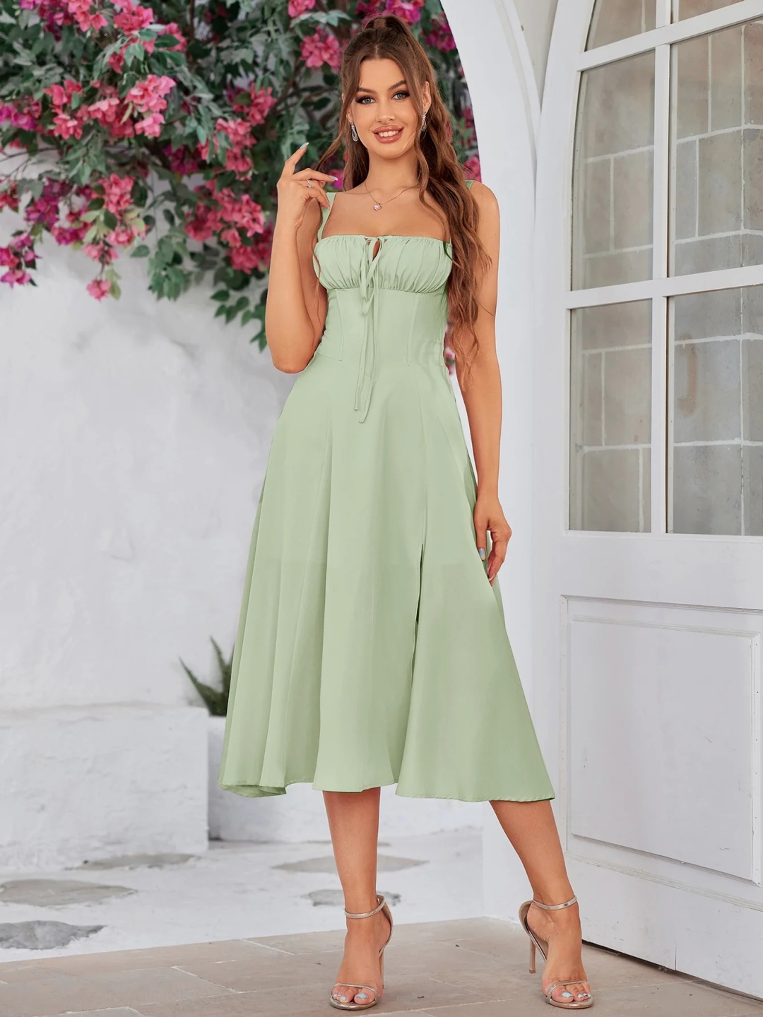

TRAQUILA Fit & Flare Front Slit Midi Dress, Green