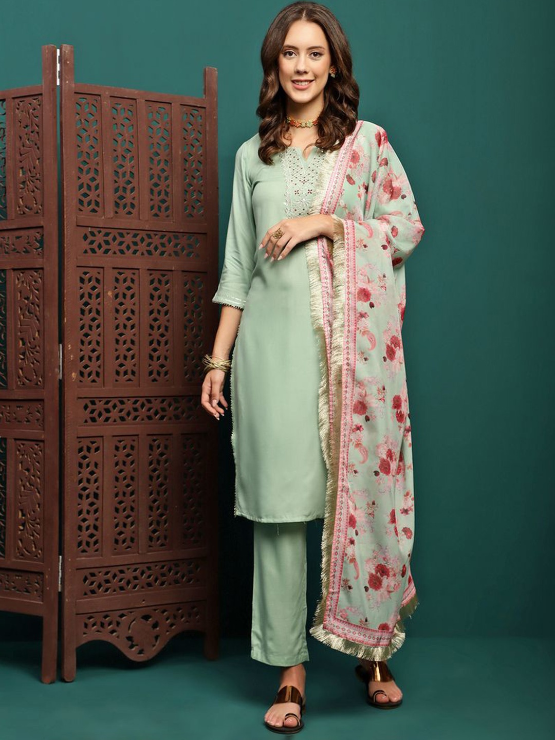 

Sangria Sea Green Floral Yoke Design Notch Neck Zari Straight Kurta With Trouser & Dupatta