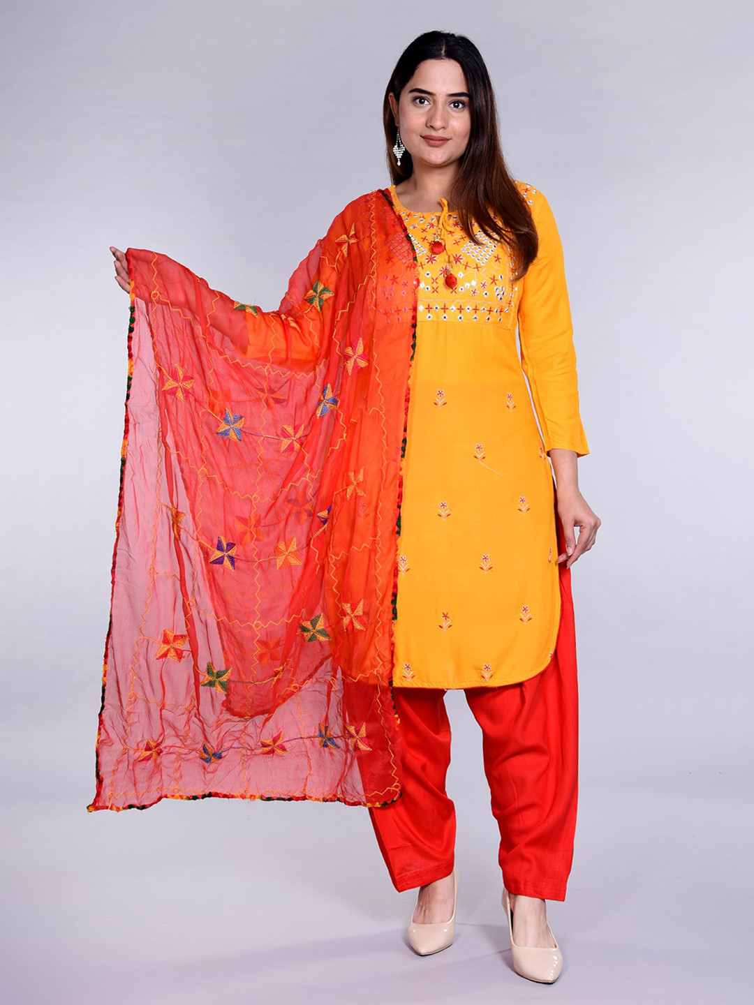 

13-Star Floral Embroidered Round Neck Mirror Work Straight Kurta With Salwar & Dupatta, Yellow