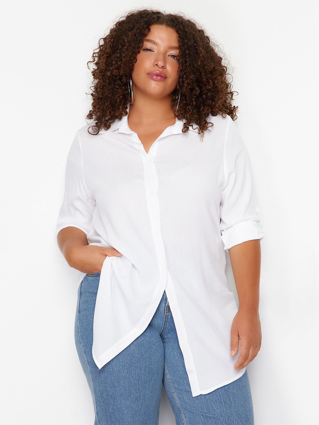 

Trendyol Women Solid Roll-Up Sleeves Casual Shirt, White