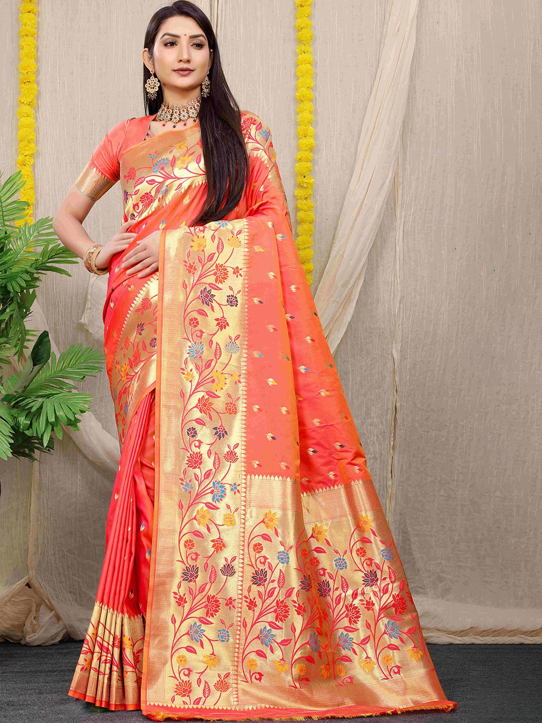 

amirat Ethnic Motifs Woven Design Zari Pure Silk Banarasi Saree, Orange