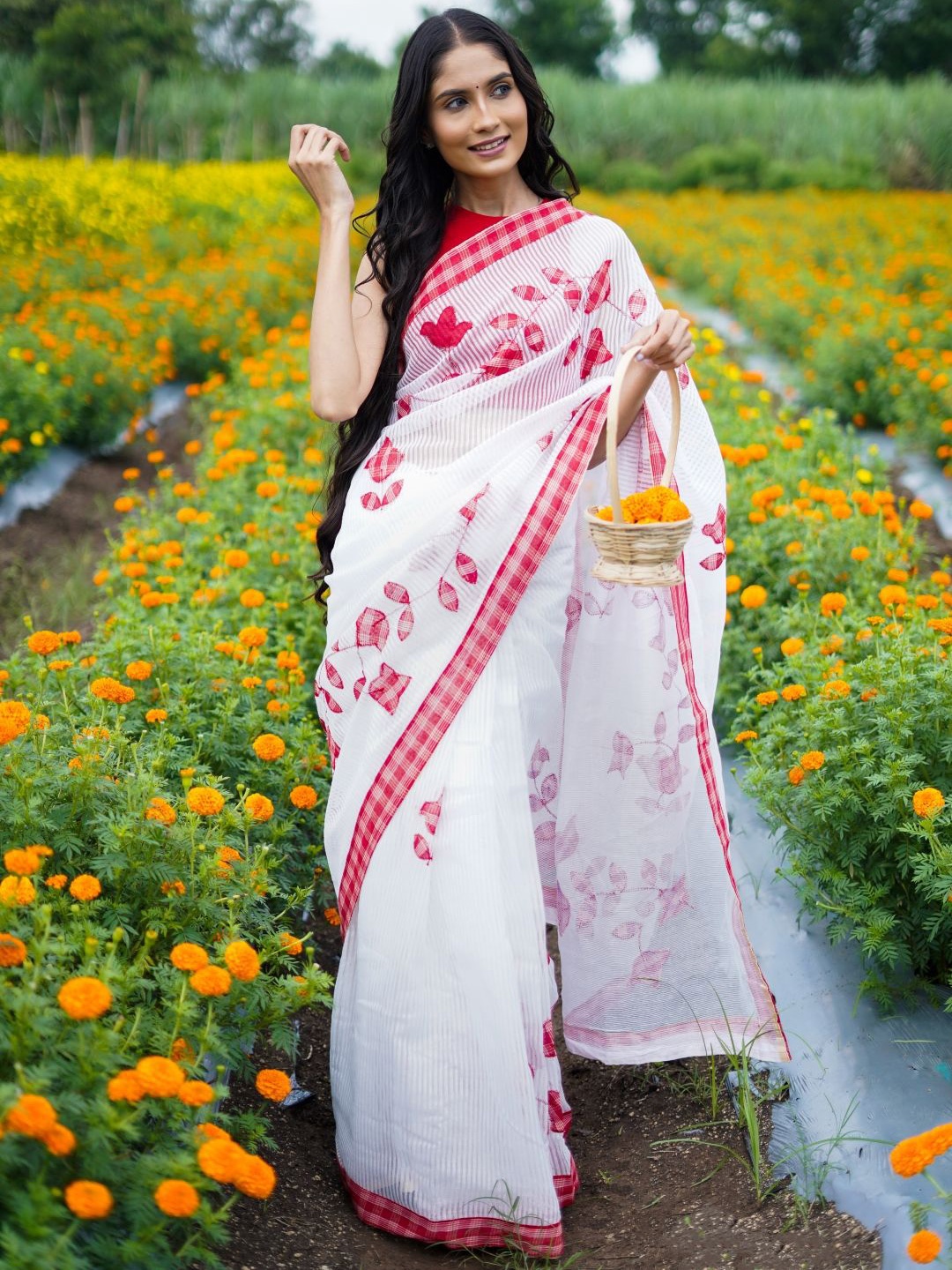 

arunima weaves Floral Embroidered Pure Cotton Saree, White
