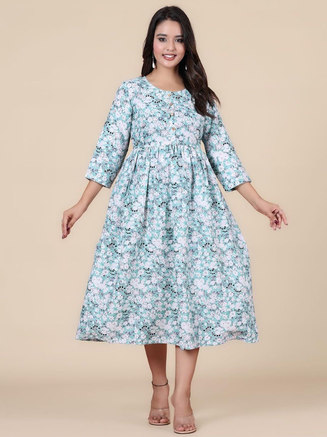 

13-Star Women Floral Printed Fit & Flare Midi Dress, Green