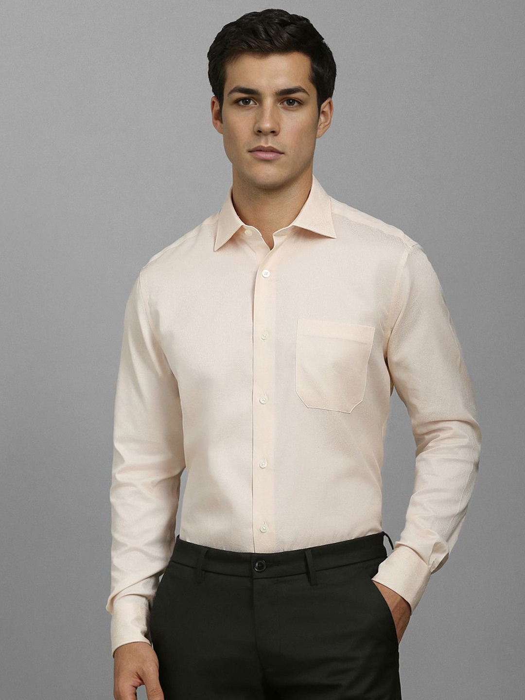 

Louis Philippe Men Classic Slim Fit Spread Collar Textured Cotton Formal Shirt, Beige