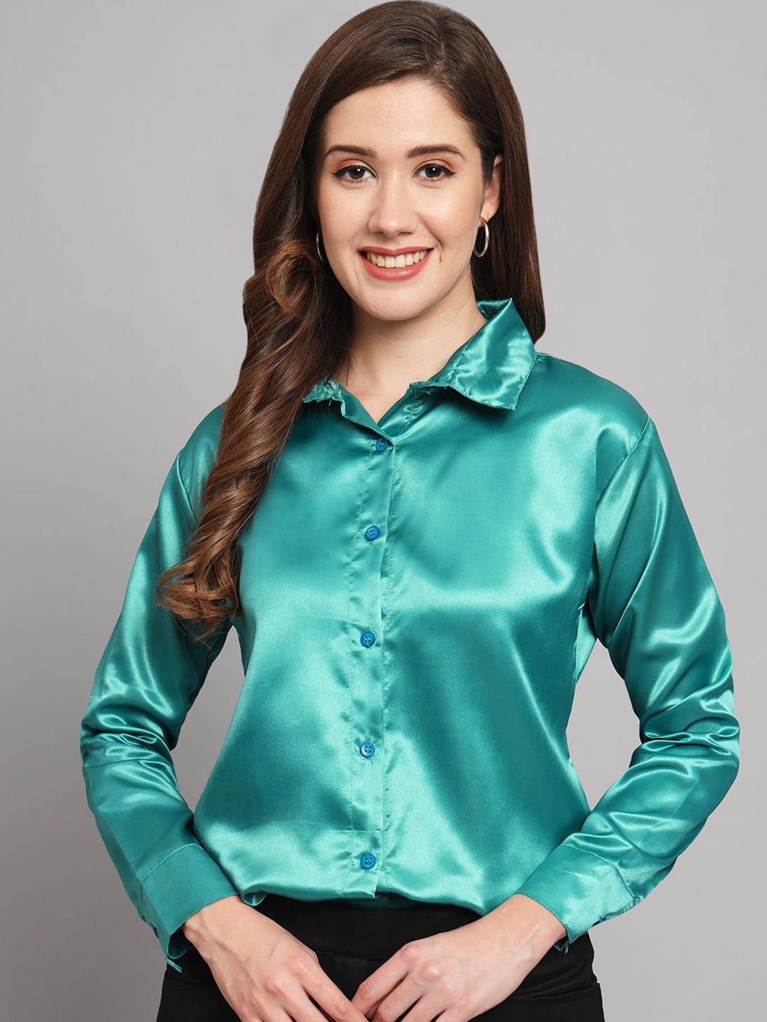 

Funday Fashion Women Spread Collar Solid Satin Casual Shirt, Green