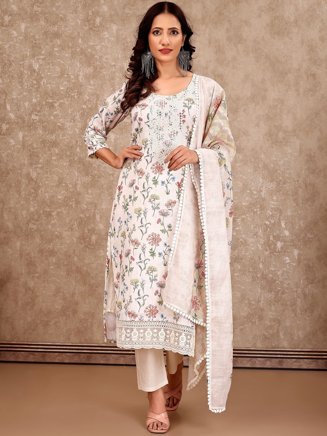 

VIRICA Women Floral Embroidered Regular Chikankari Linen Kurta with Trousers & With Dupatta, White