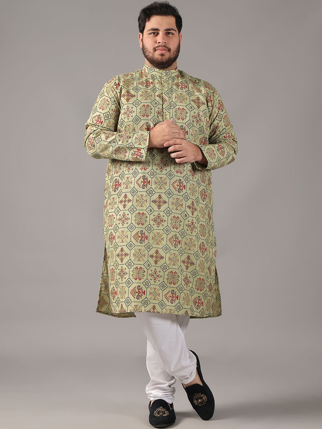 

SOJANYA PLUS Plus Size Men Ethnic Motifs Printed Cotton Linen Straight Kurta With Pyjamas, Green