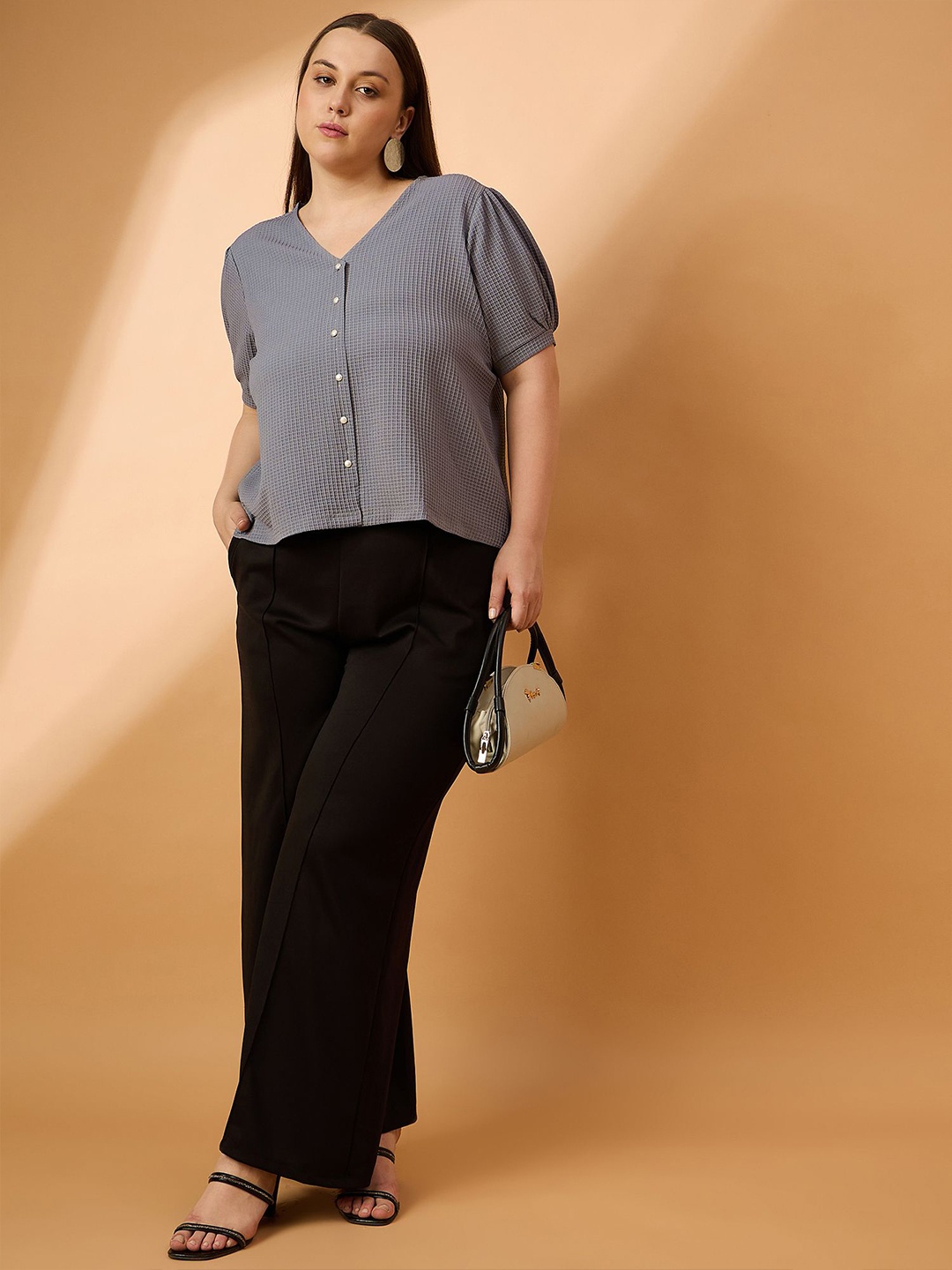 

all about you Plus Size Self Design Puff Sleeve Shirt Style Top, Grey