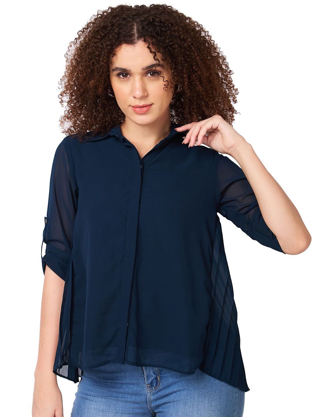 

Iti Roll-Up Sleeves Georgette Shirt Style Top, Navy blue