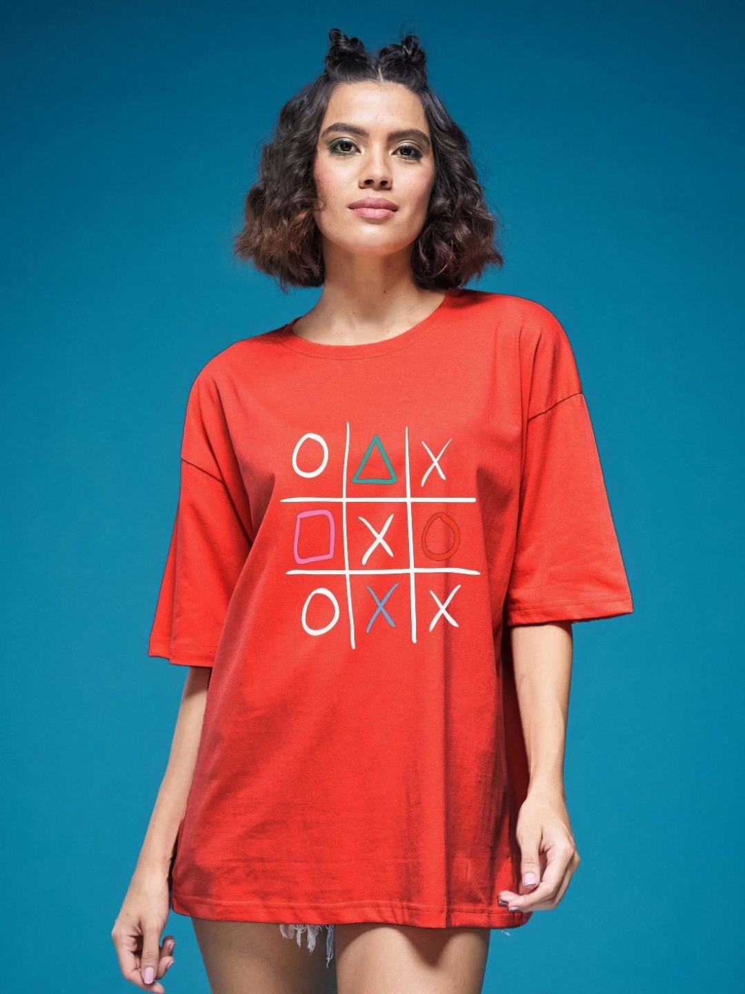 

SMARTEES Women Graphic Printed Round Neck Cotton Oversized T-shirt, Red