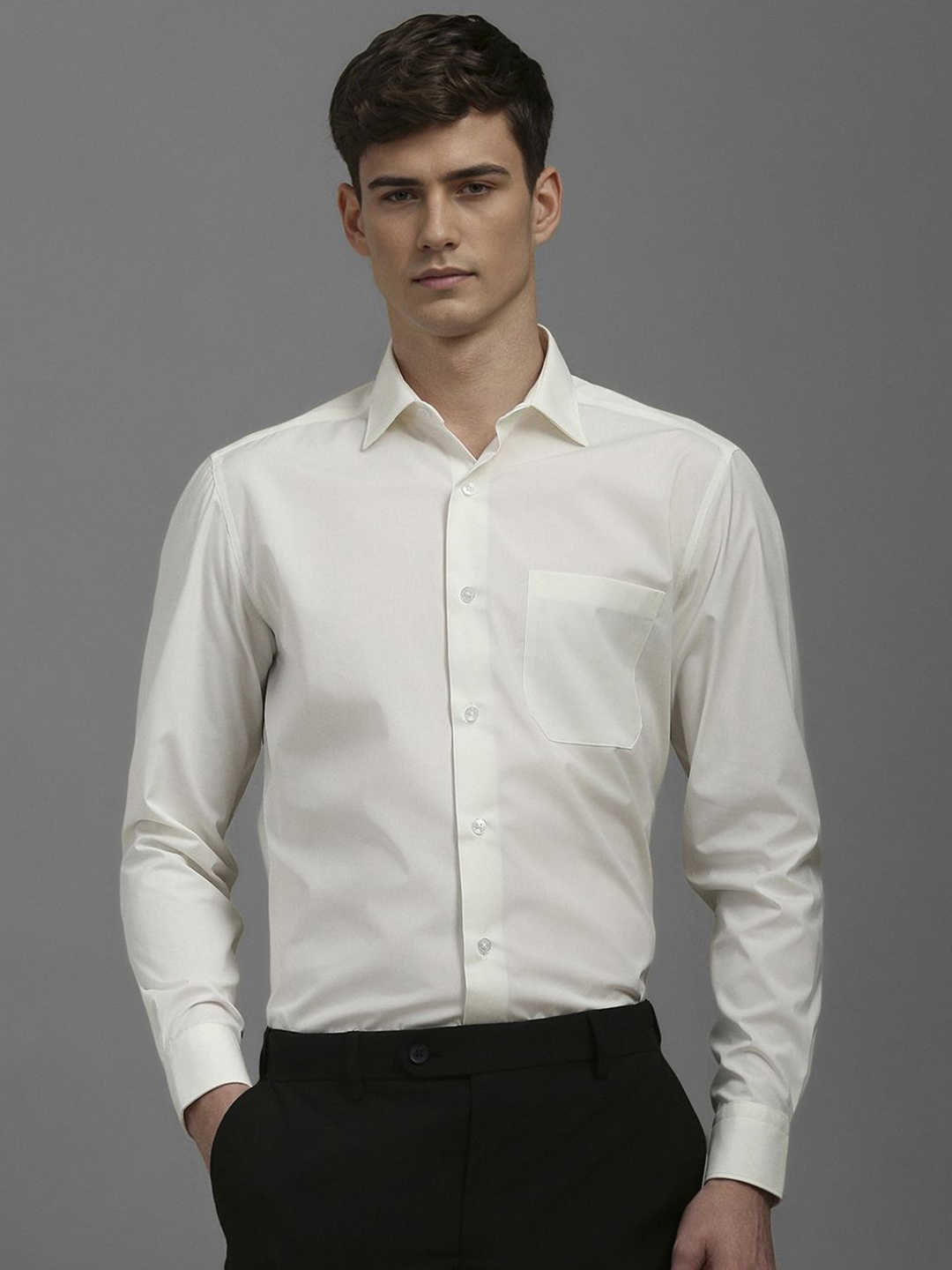 

Louis Philippe Men Classic Fit Spread Collar Solid Cotton Formal Shirt, Off white