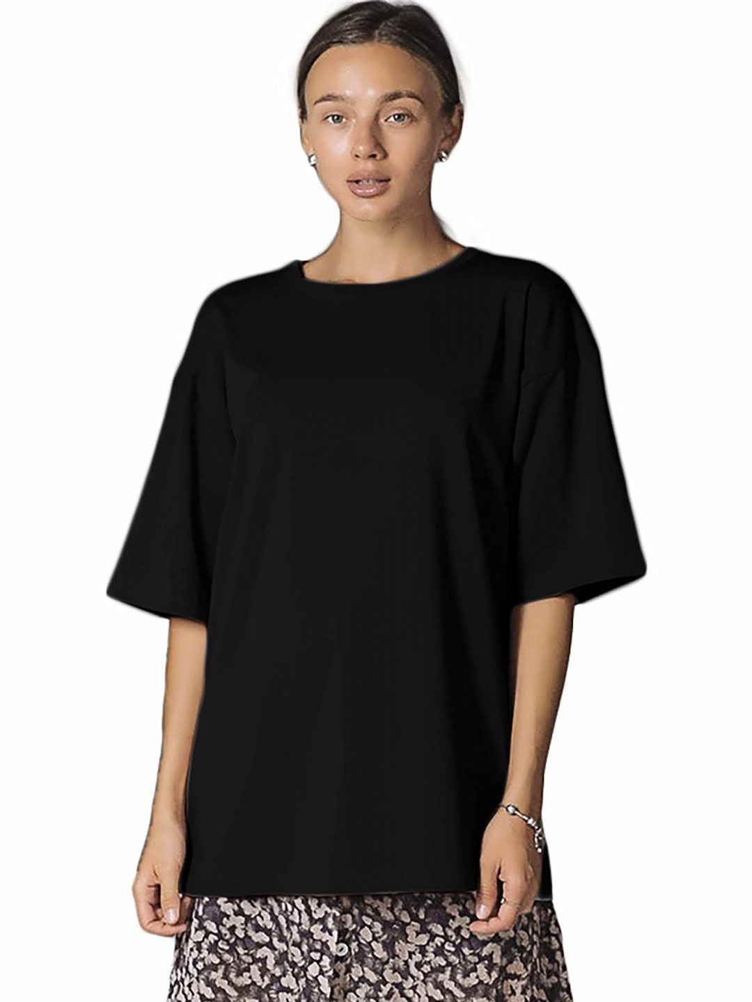 

NOTWILD Women Solid Round Neck Cotton Oversized T-shirt, Black