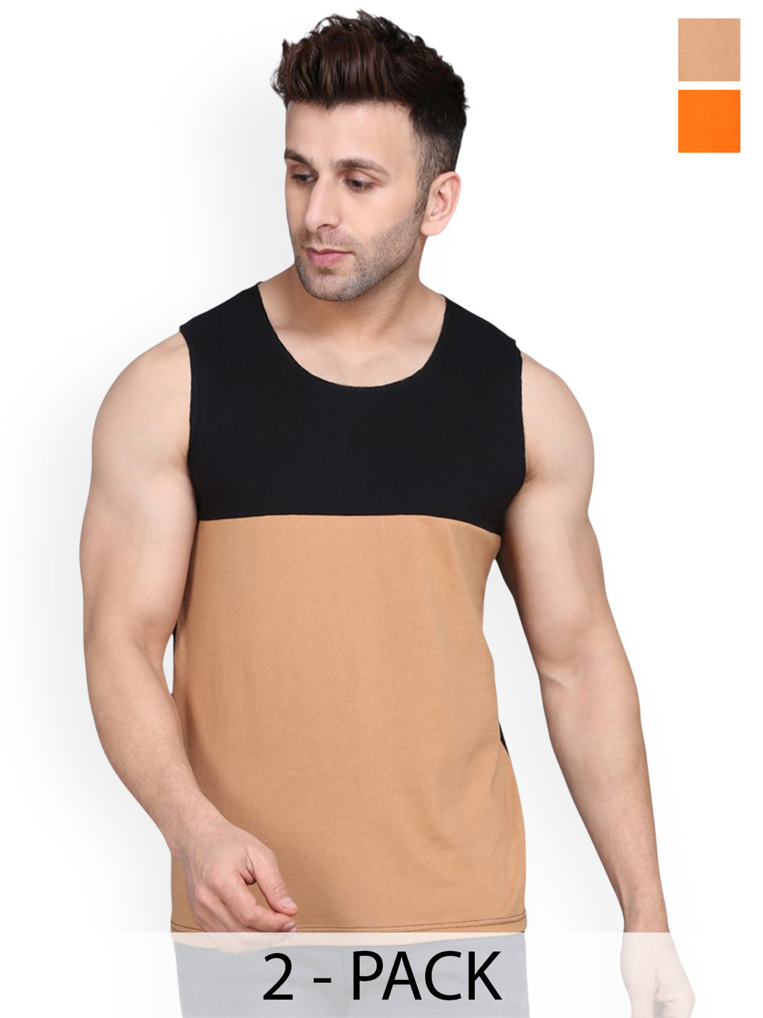

WOOSTRO 2-Pcs Ultra-Soft Innerwear Vests RS26 COMBO (BLKRST) (ORANGE), Black