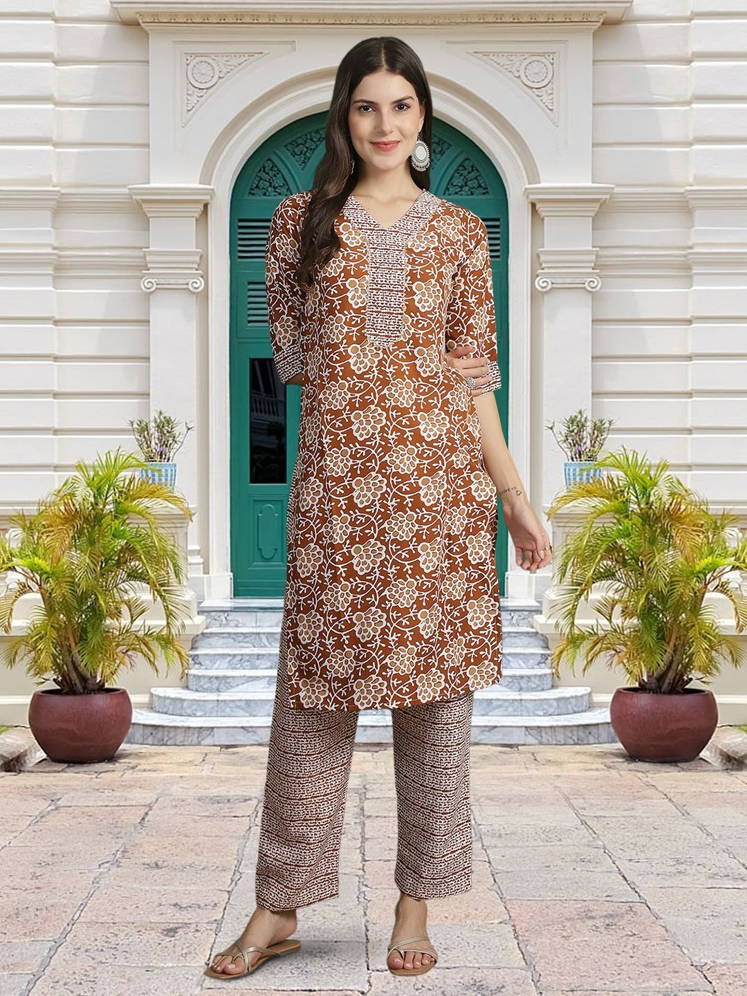 

Moda Rapido Floral Printed V-Neck Gotta Patti Straight Kurta With Trouser And Dupatta, Brown