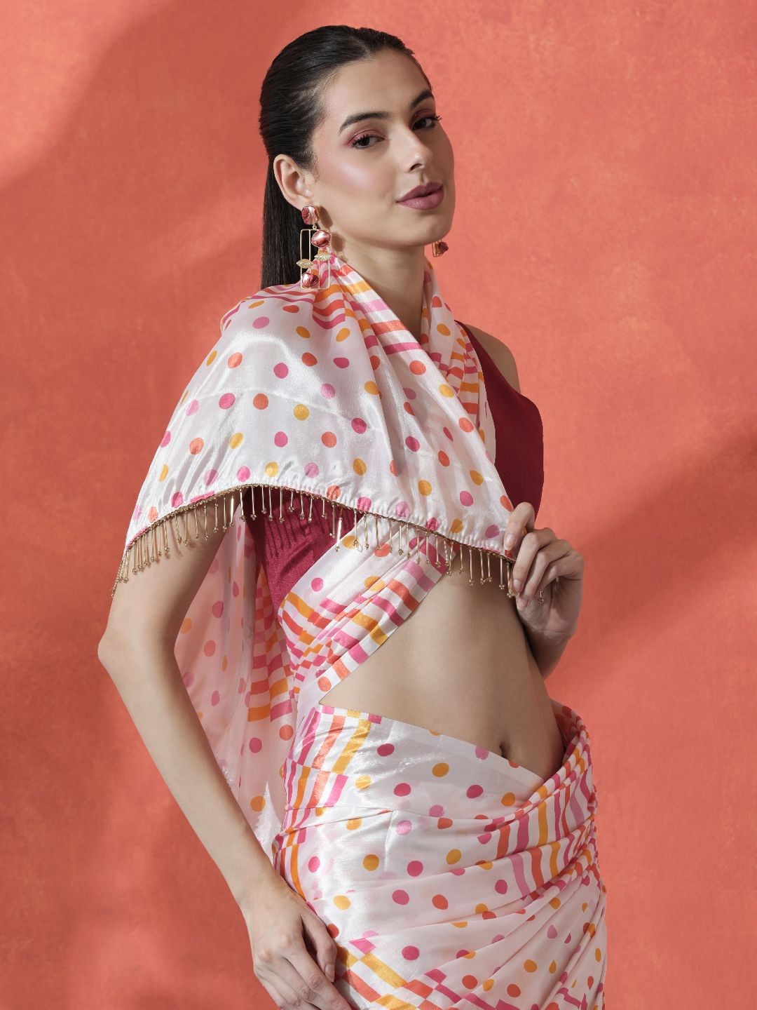 

Sangria Ready to wear Satin Striped Digital Printed Saree, Off white