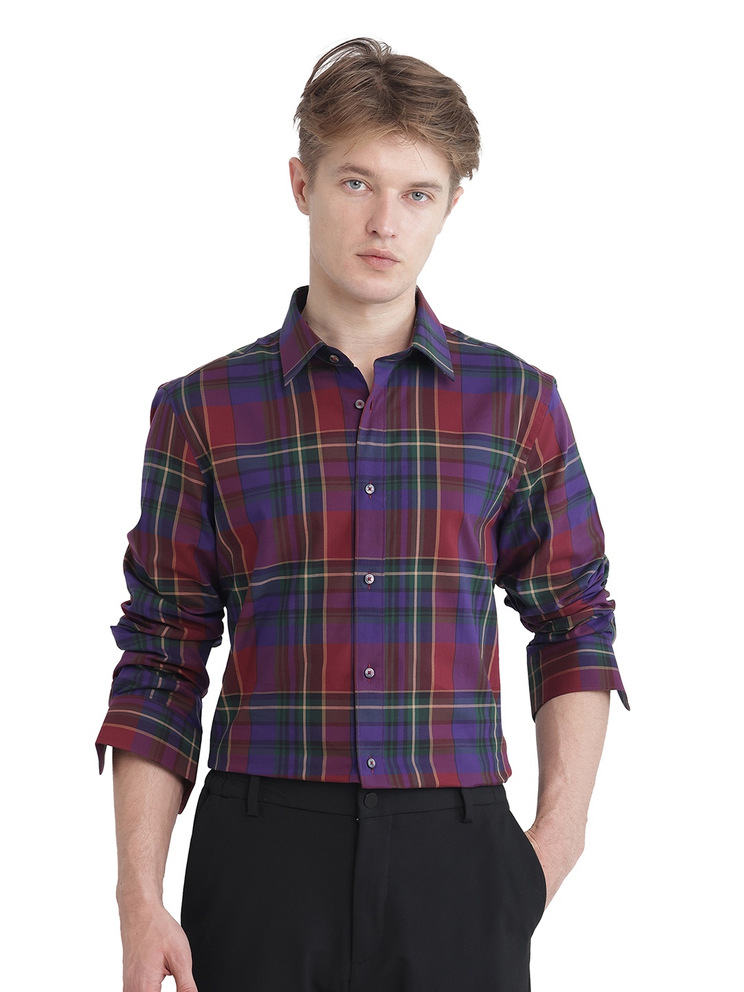 

RARE RABBIT Men Comfort Fit Spread Collar Checked Cotton Casual Shirt, Purple