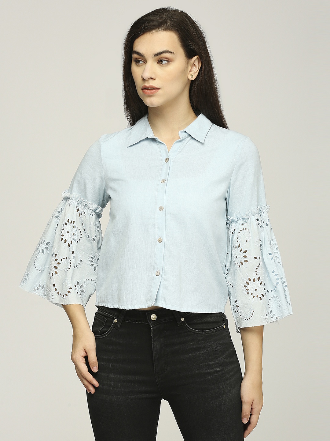 

Iti Bell Sleeve Cotton Shirt Style Crop Top, Blue