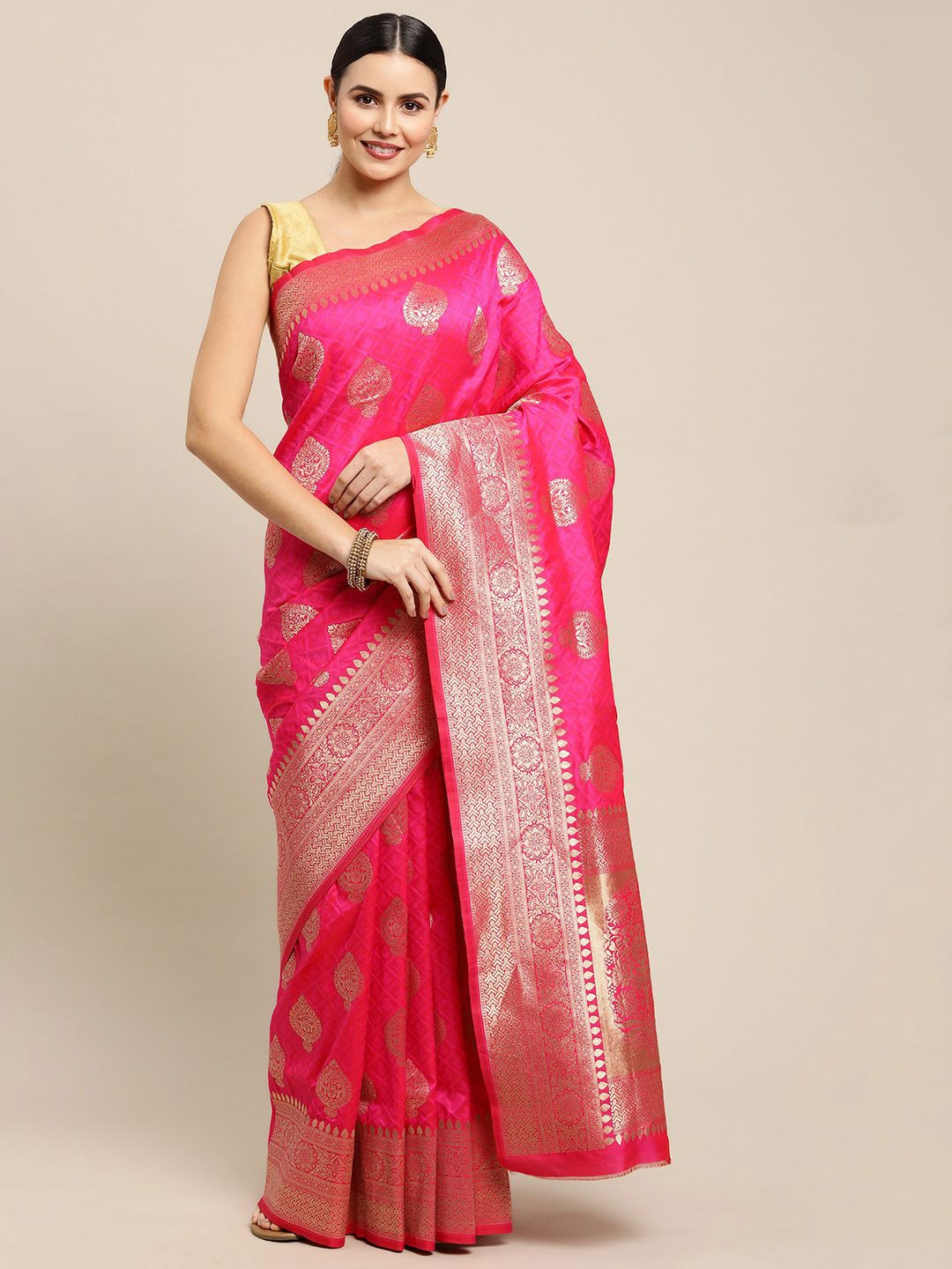 

amirat Woven Design Zari Pure Silk Banarasi Saree, Pink