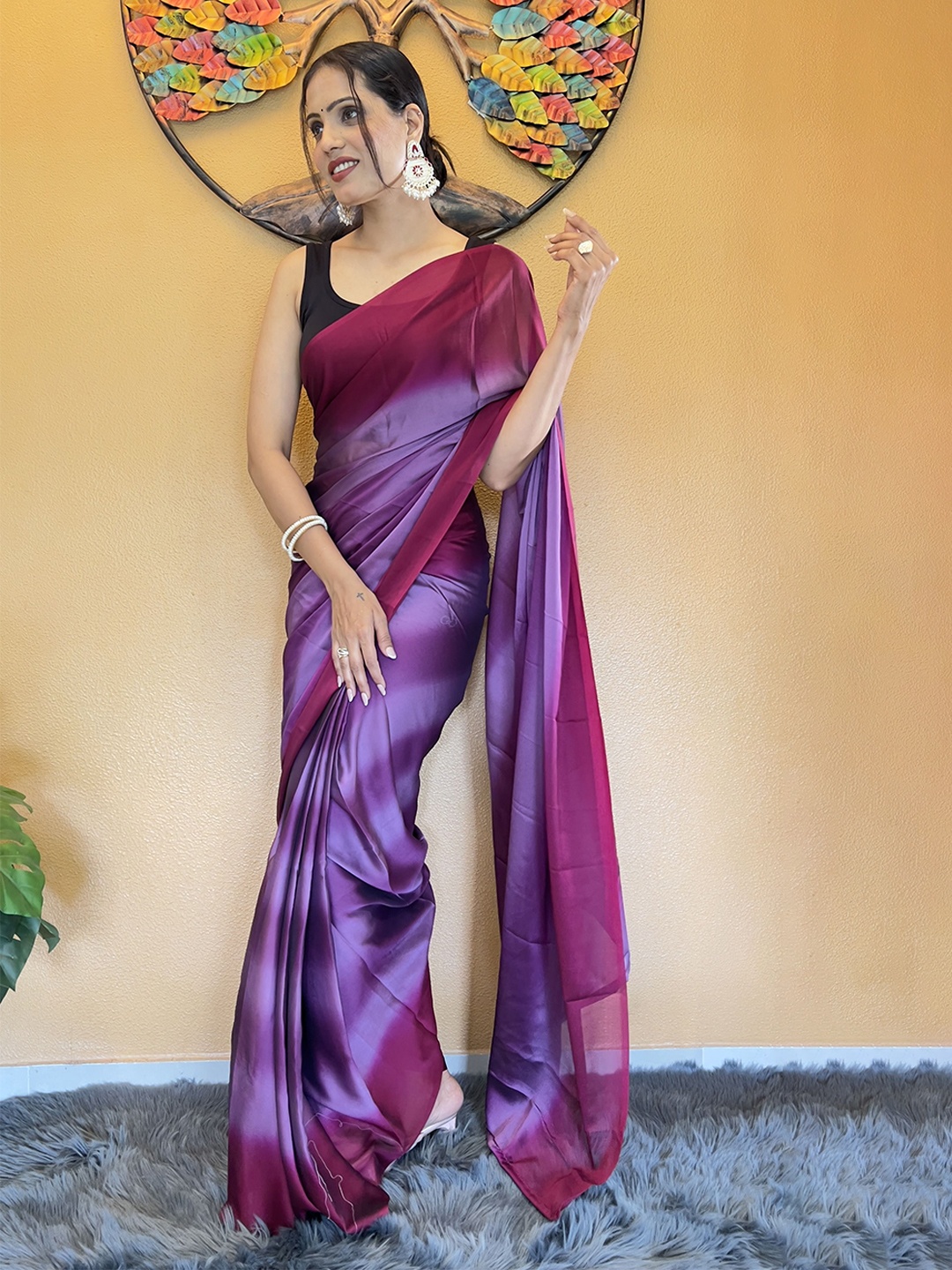 

ZIBLON Striped Pure Georgette Ready to Wear Saree, Purple