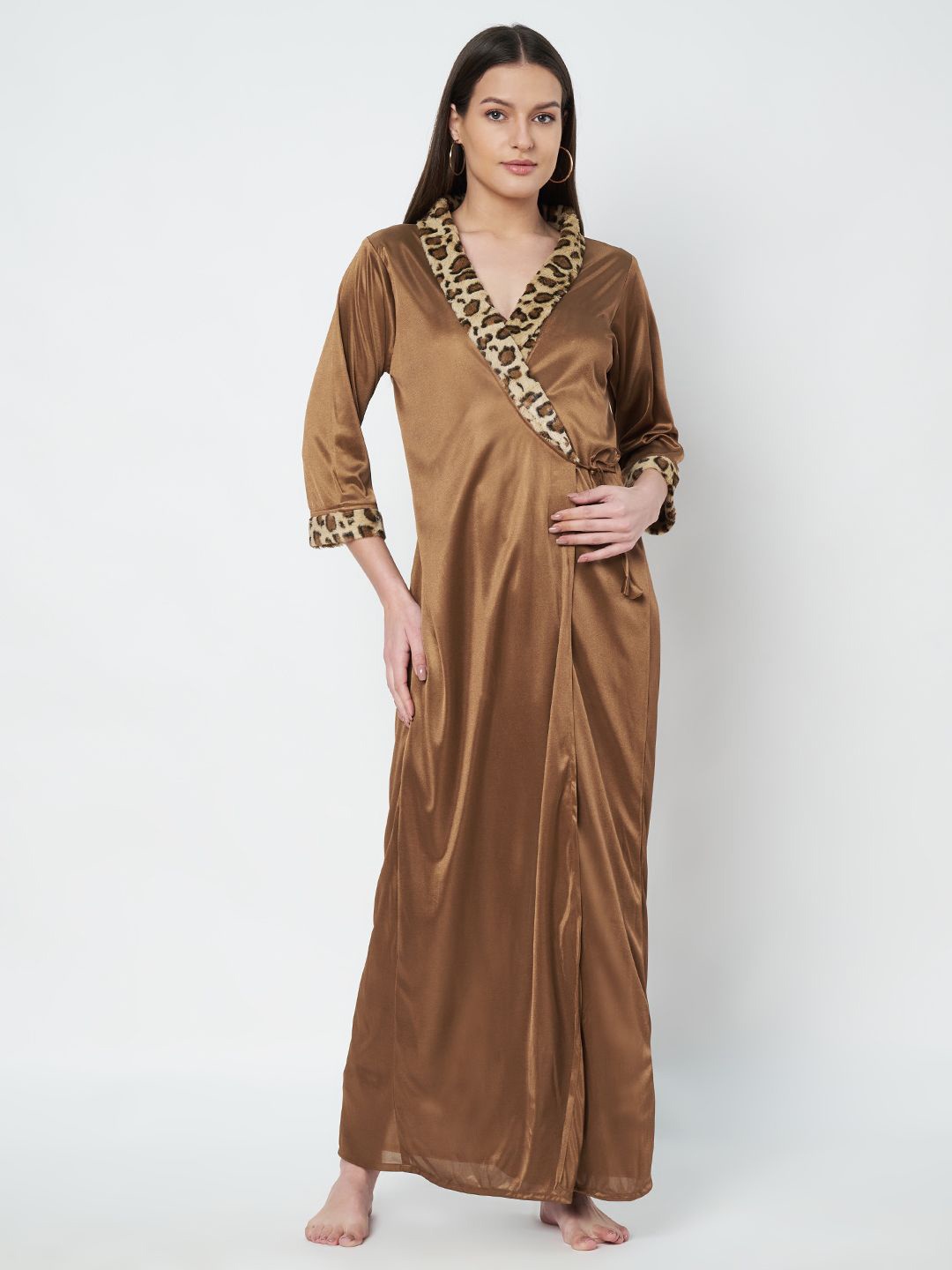 

KOI SLEEPWEAR Women Satin V-Neck Maxi Nightdress, Brown