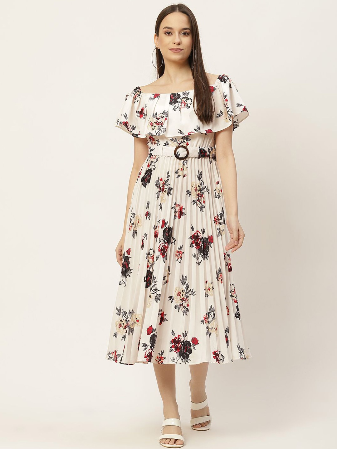 

Moda Rapido Floral Print Off-Shoulder Flutter Sleeve Layered Crepe A-Line Midi Dress, White