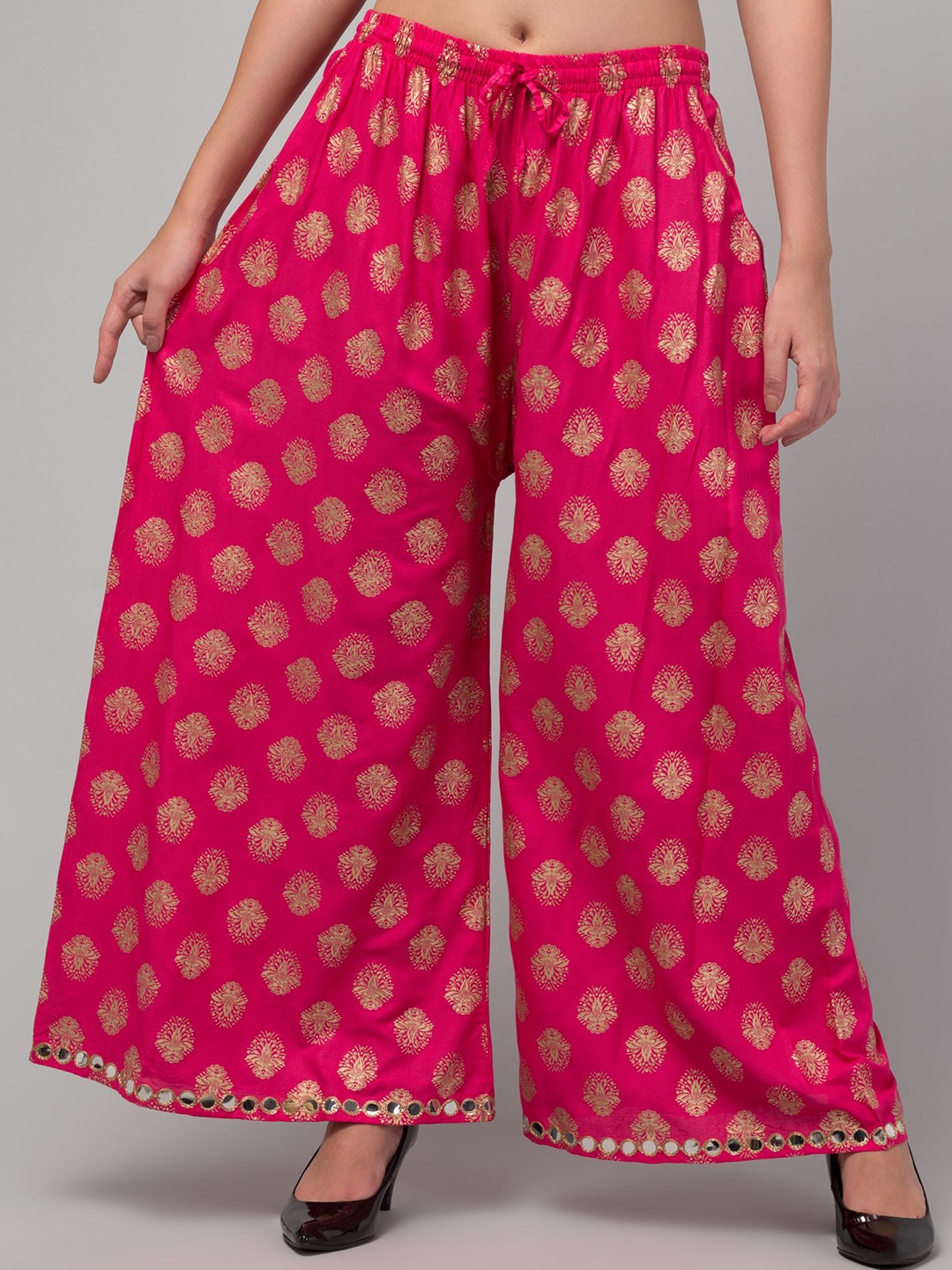 

FAMBEE Women Floral Printed Flared Knitted Palazzos, Pink