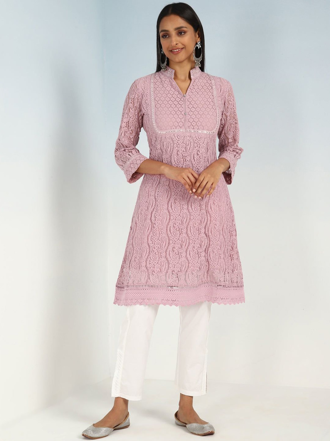 

Lakshita Paisley Self Design Mirror Work Mandarin Collar Cotton A-Line Kurta, Pink