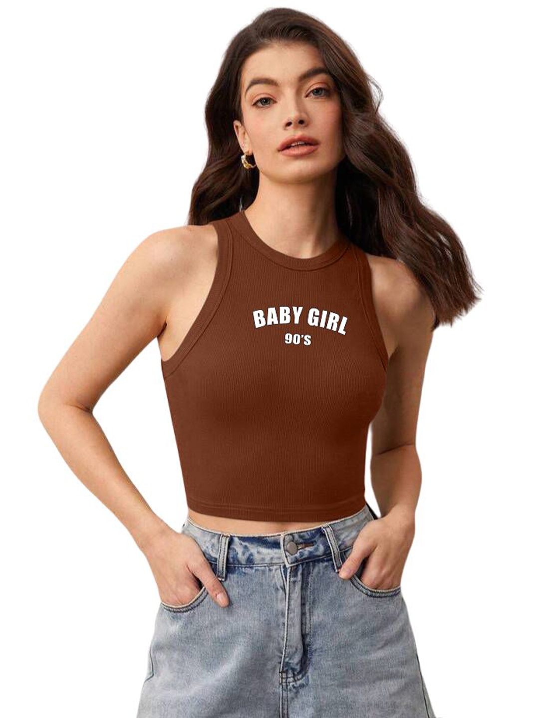 

The Roadster Lifestyle Co Women Printed Cotton Tank Crop Top, Brown