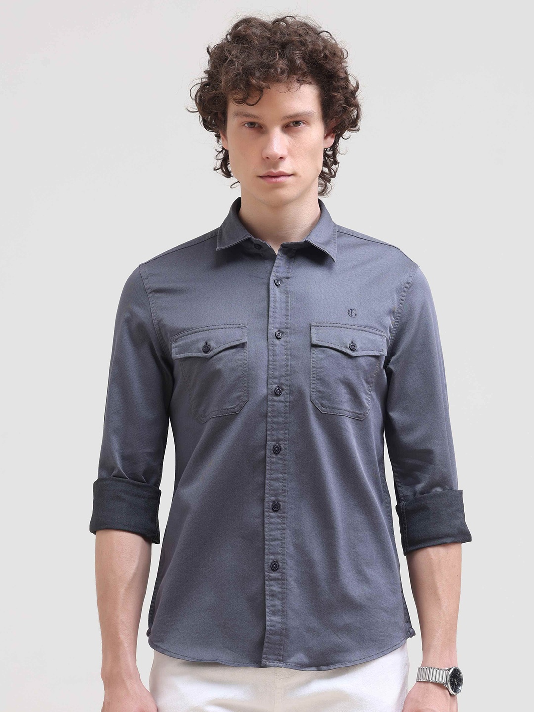 

Grit and Flair Men Comfort Slim Fit Spread Collar Solid Cotton Casual Shirt, Grey