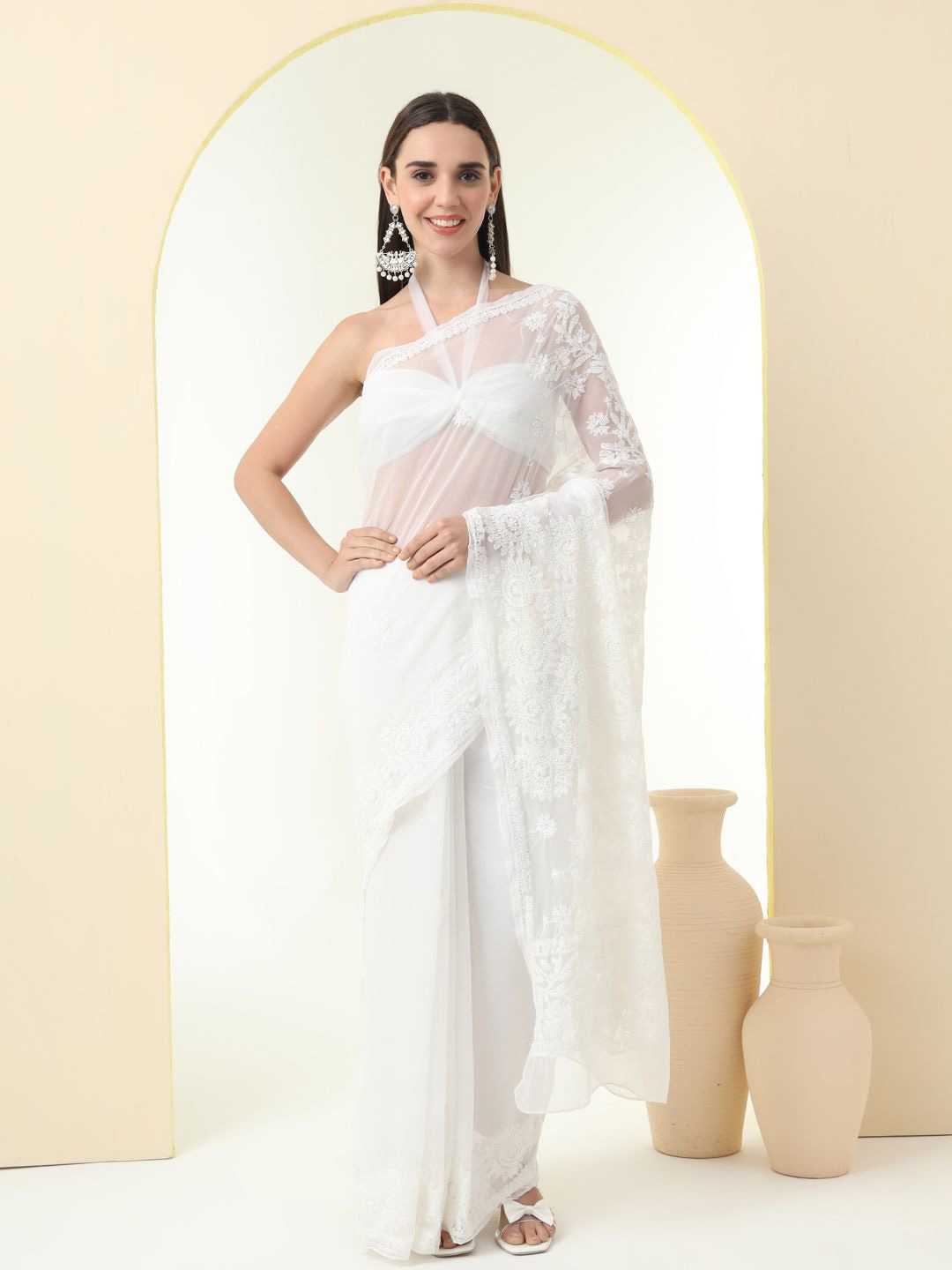 

Z HOME Floral Embroidered Chikankari Pure Chiffon Saree, White
