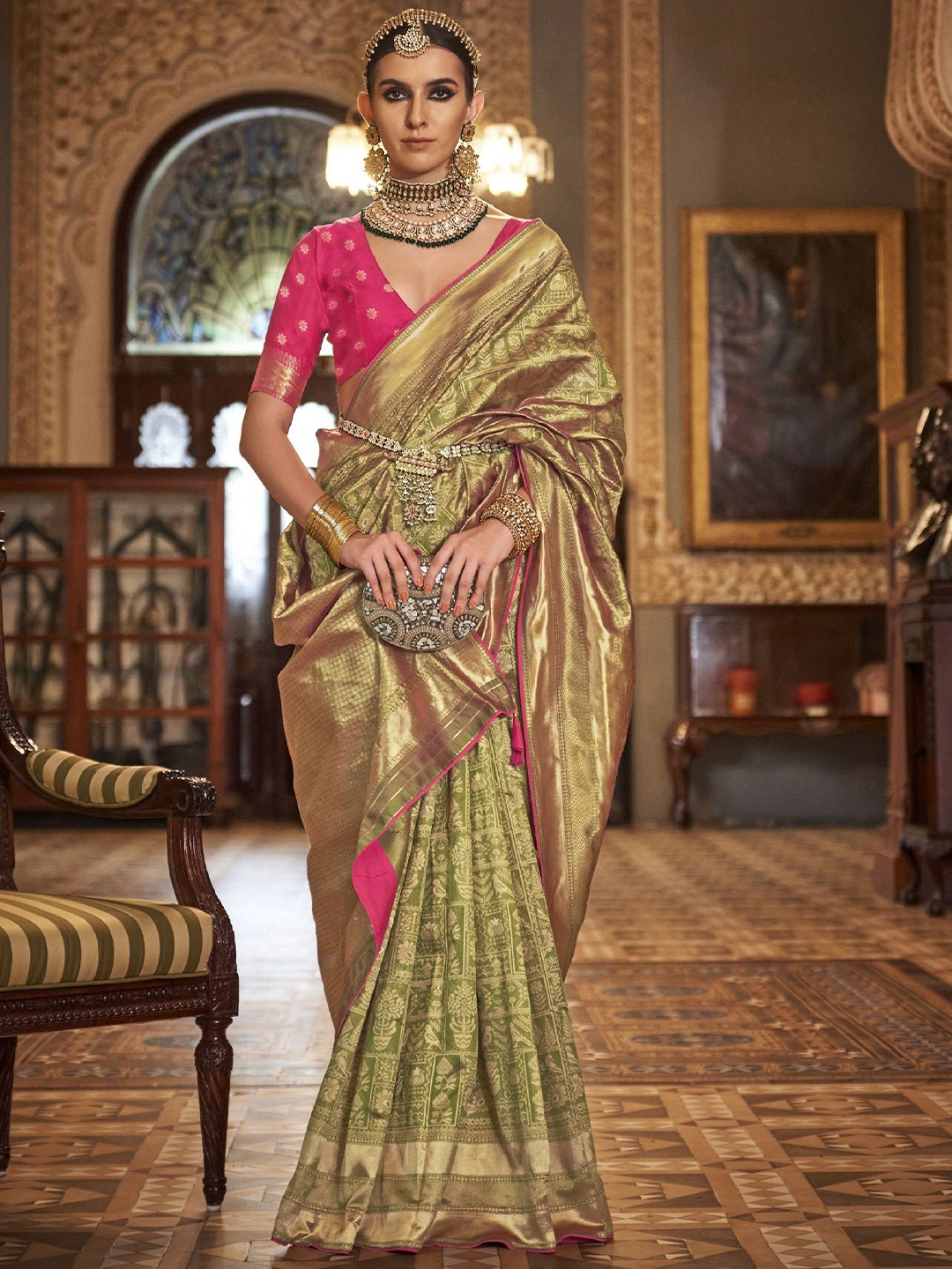 

MAHALASA Woven Design Zari Pure Silk Patola Saree, Green