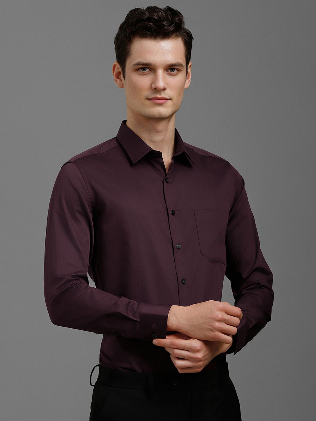 

Louis Philippe Men Slim Fit Spread Collar Solid Cotton Formal Shirt, Maroon