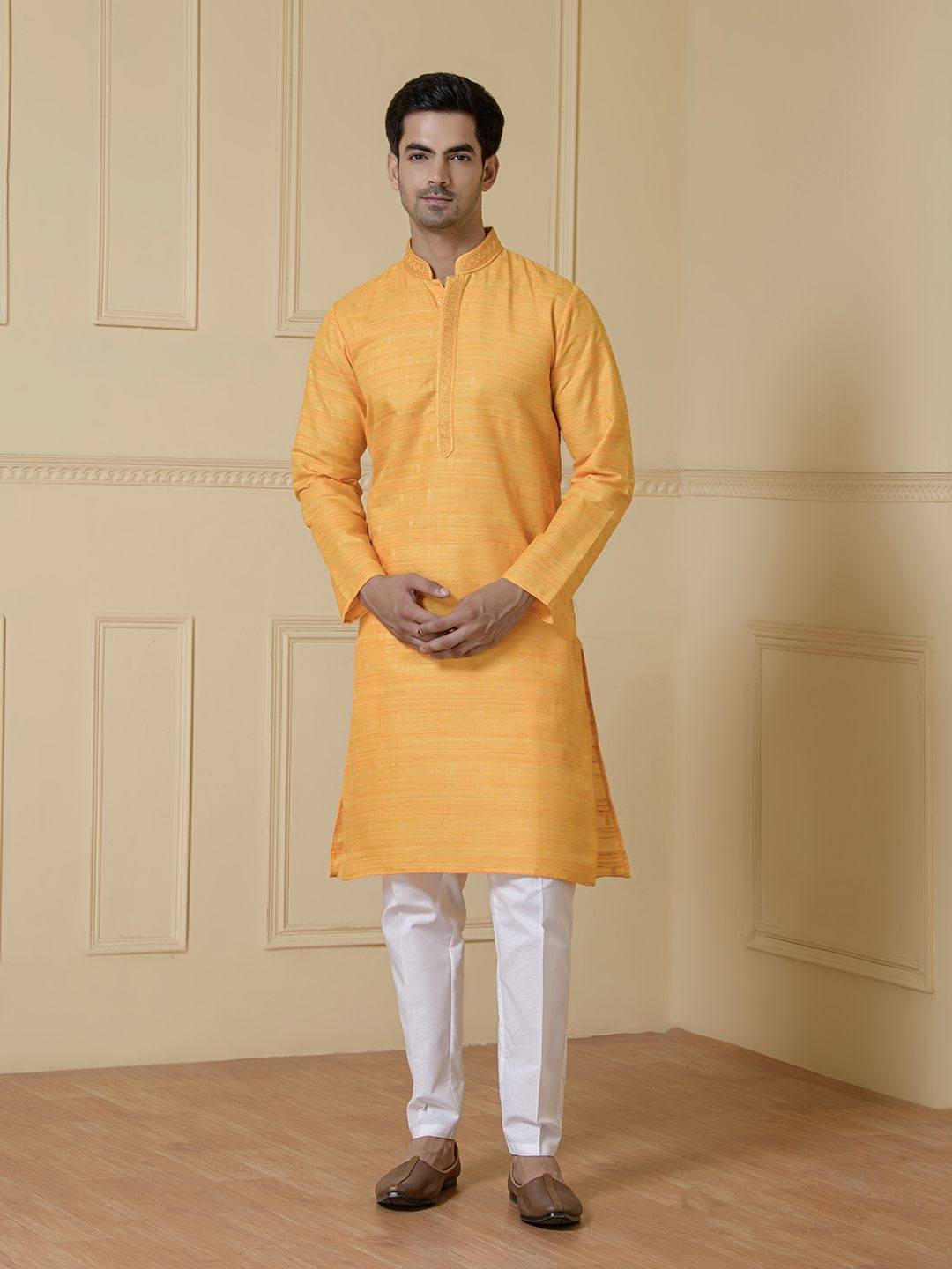 

Satwaa Ethnic Motifs Woven Design Mandarin Collar Thread Work Raw Silk Straight Kurta, Yellow