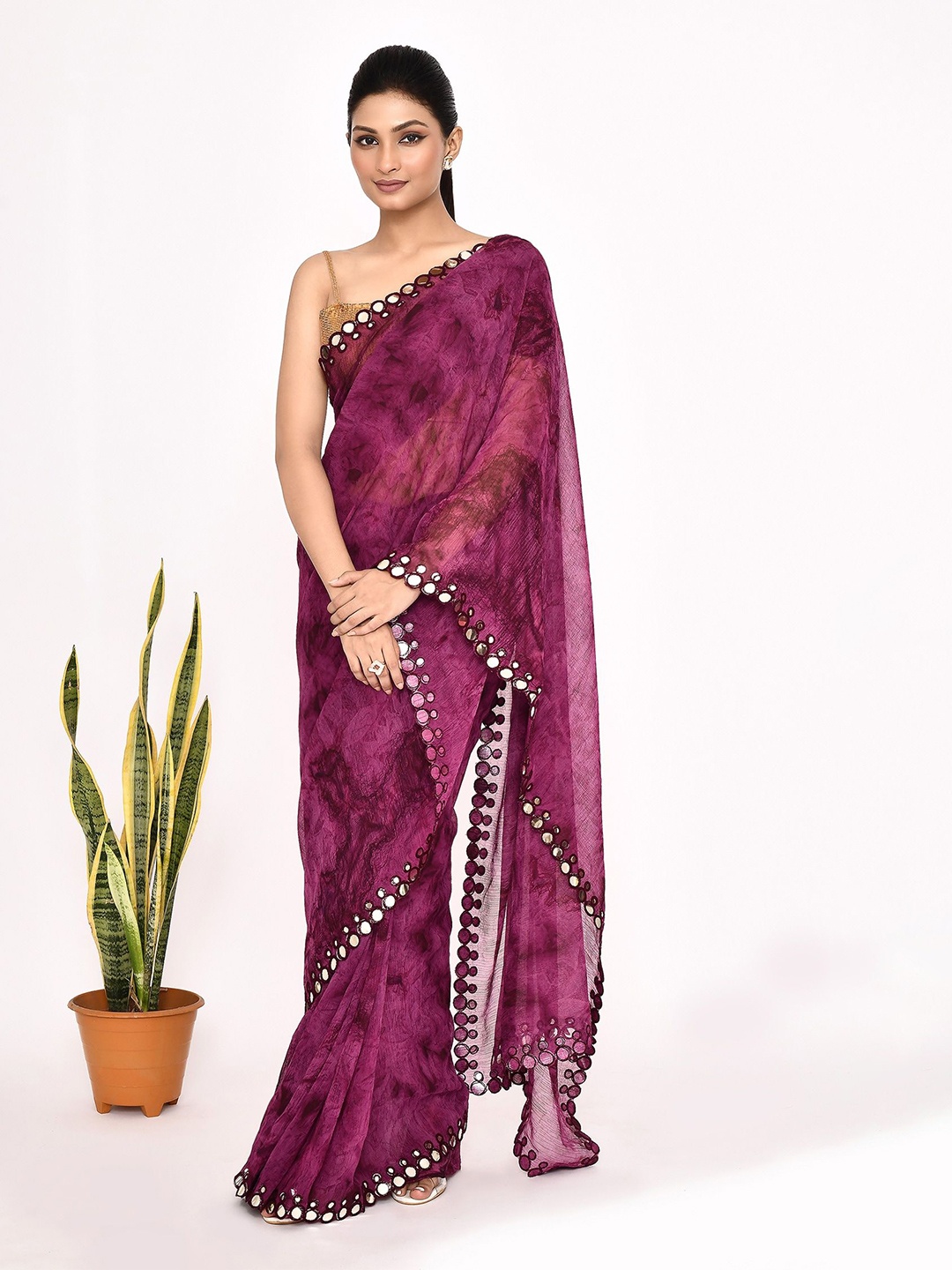

Manu Designer Women Mirror Work Pure Chiffon Saree, Purple