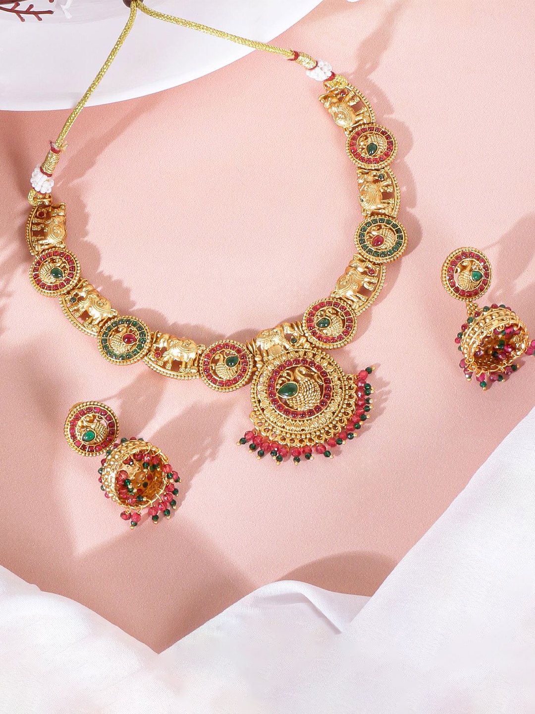 

JANAVI Gold-Plated Artificial Stone-Studded And Beaded Temple Jewellery Set