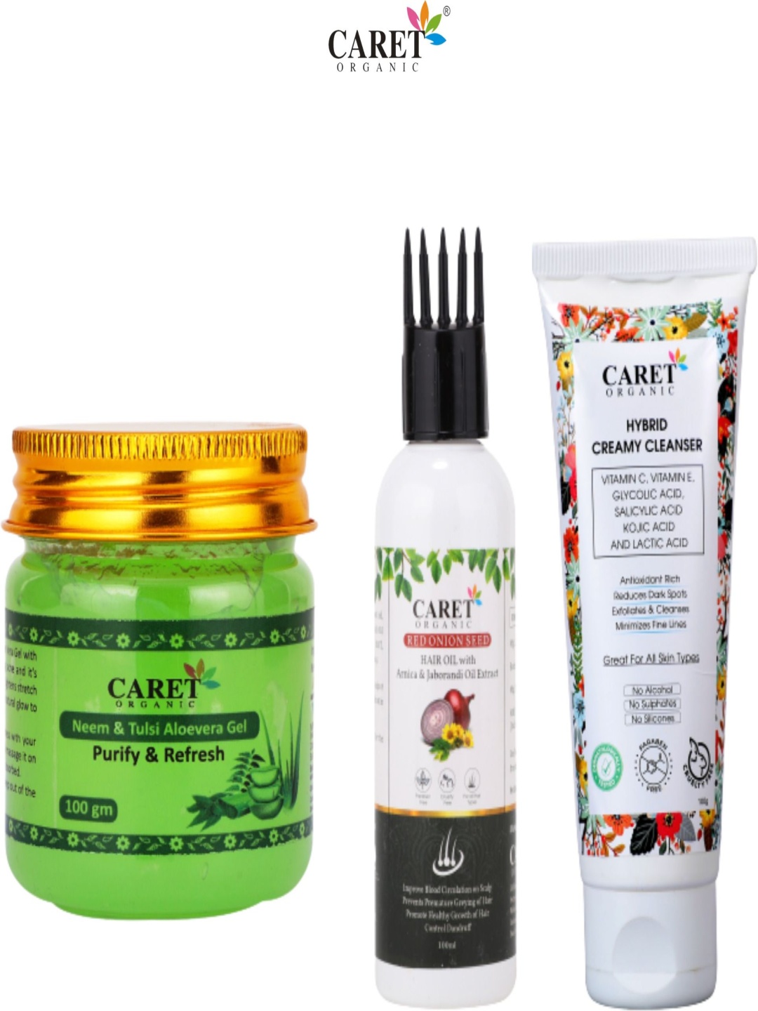 

CARET ORGANIC Set Of 3 Neem & Tulsi Aloevera Gel, Hair Oil & Hybrid Creamy Cleanser, Green