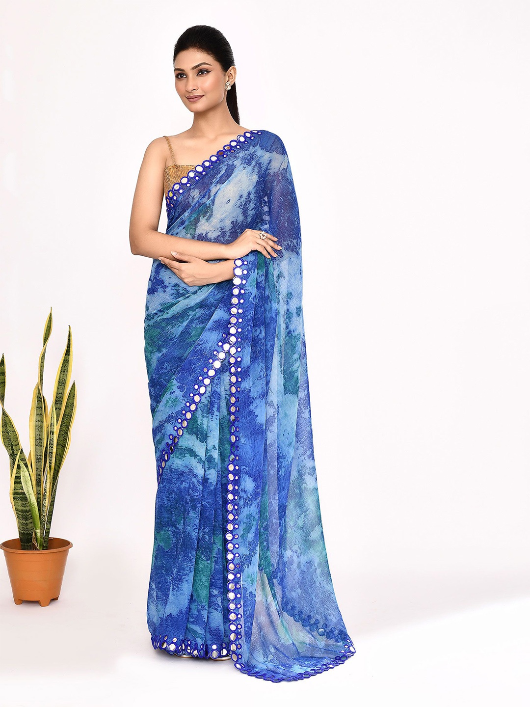 

Manu Designer Tie and Dye Pure Chiffon Saree With Mirror Work, Blue