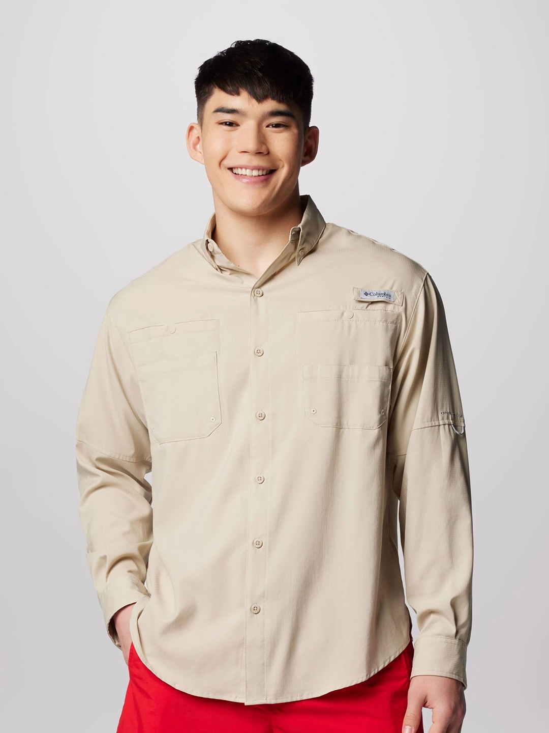 

Columbia Men Classic Fit Button-Down Collar Solid Casual Shirt, Beige