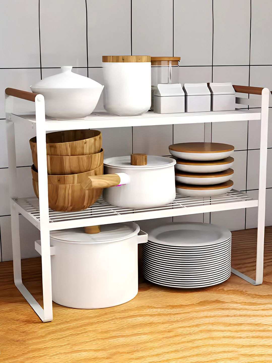 

DecorTwist White 2 Tier Metal Cabinet Organizer Kitchen Storage Rack with Wooden Handles