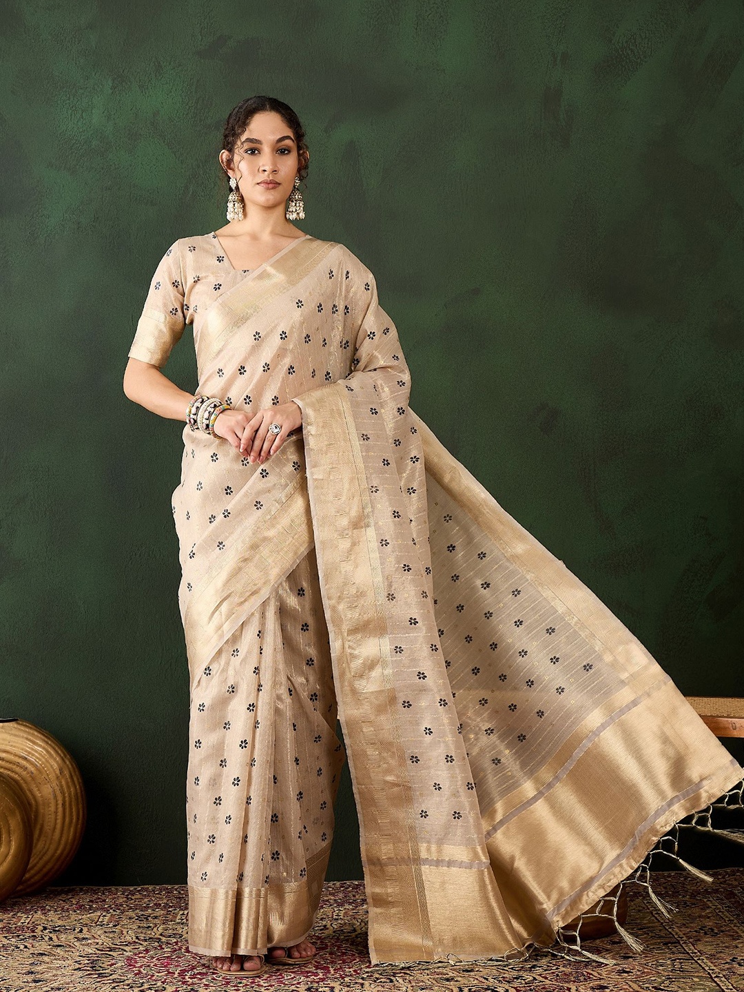 

KALINI Woven Design Zari Organza Banarasi Saree, Beige