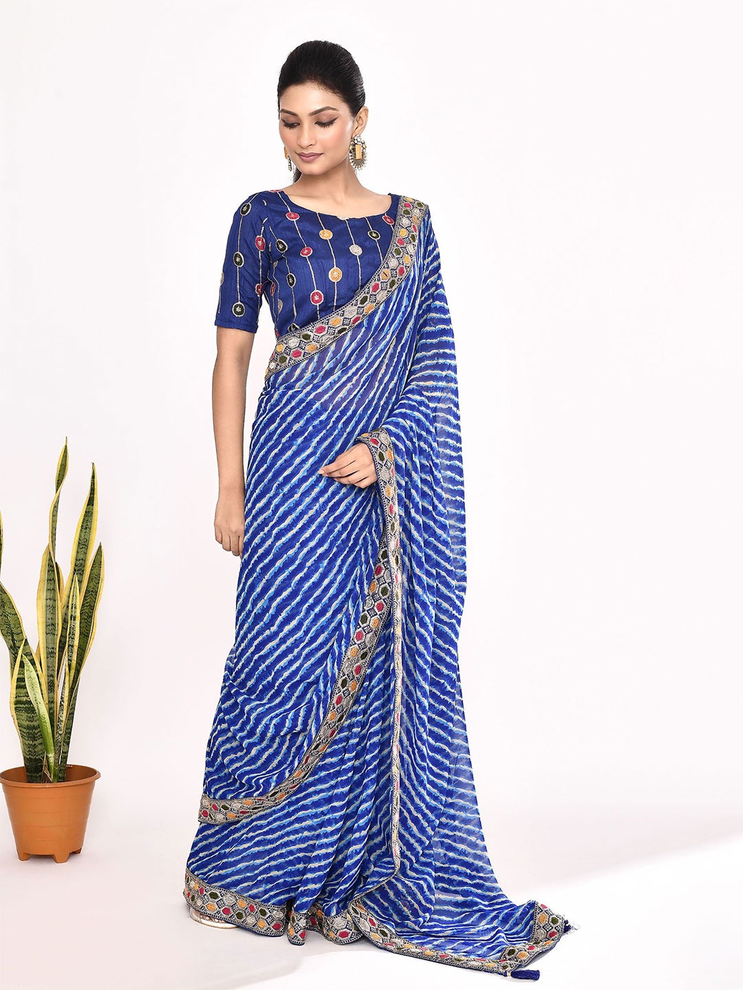 

Manu Designer Leheriya Embroidered Pure Georgette Leheriya Saree, Blue