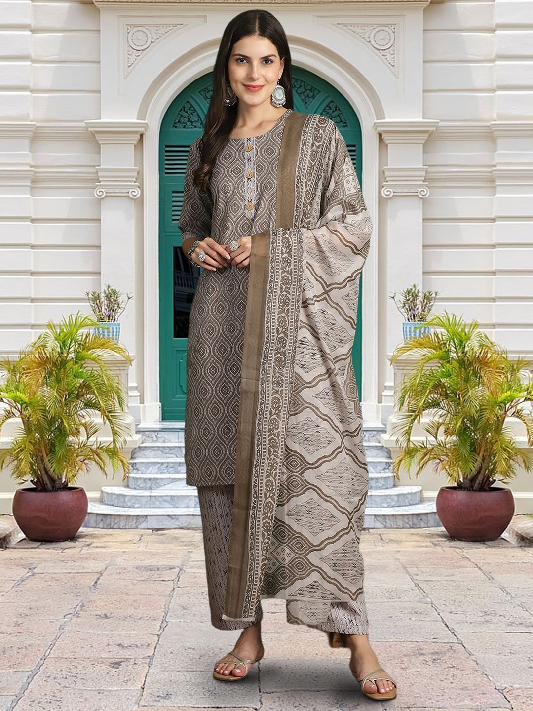 

Moda Rapido Ethnic Motifs Printed Straight Kurta With Trouser And Dupatta, Grey