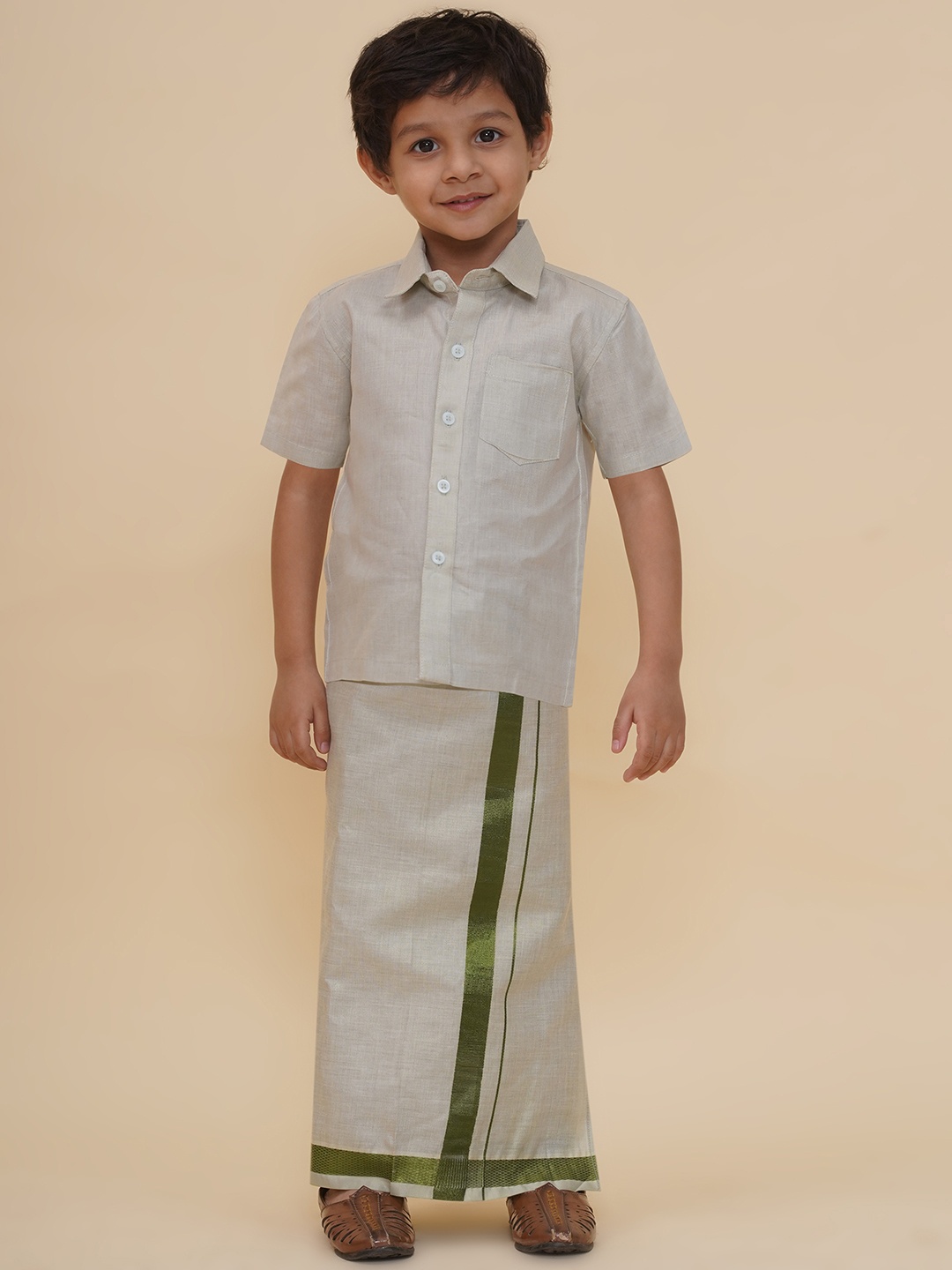 

Sethukrishna Boys Short Sleeves Tissue Shirt With Veshti, Green